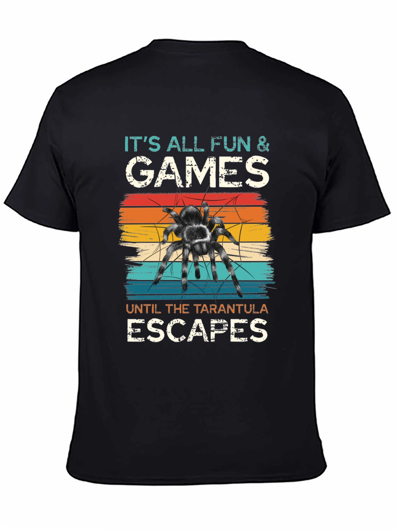 Black Tarantula Escape Black T-Shirt - Fun & Games Design view 4