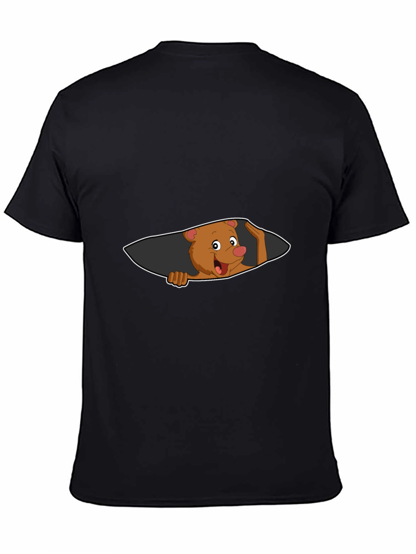 Black Cartoon Bear Peeking Men's Black T-Shirt view 4