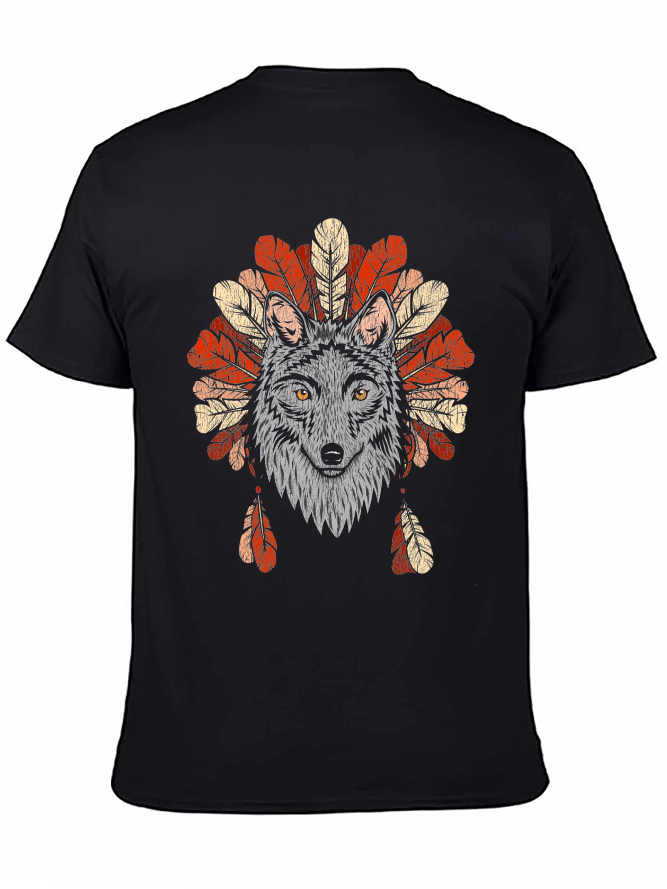 Black Wolf Headdress Graphic Tee - Native American Style T-Shirt view 4