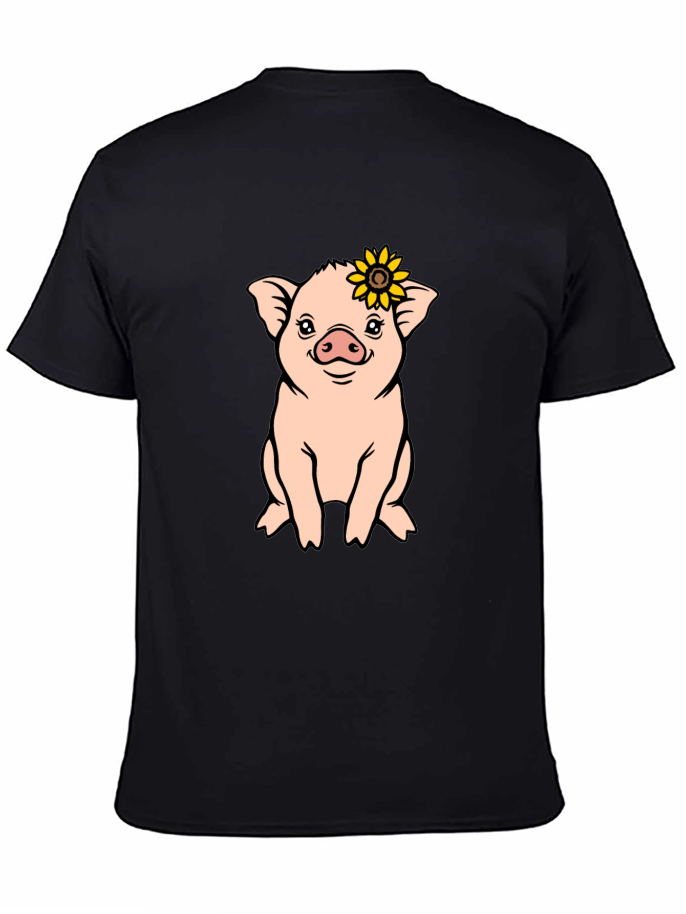 Black Cute Pig with Sunflower Graphic T-Shirt view 4