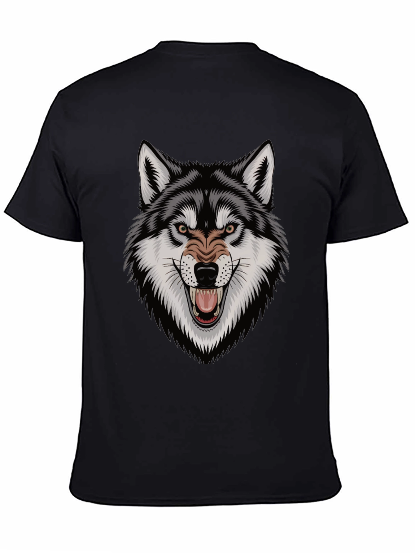 Black Men's Wolf Graphic Tee - Fierce Design, Black Cotton T-Shirt view 4