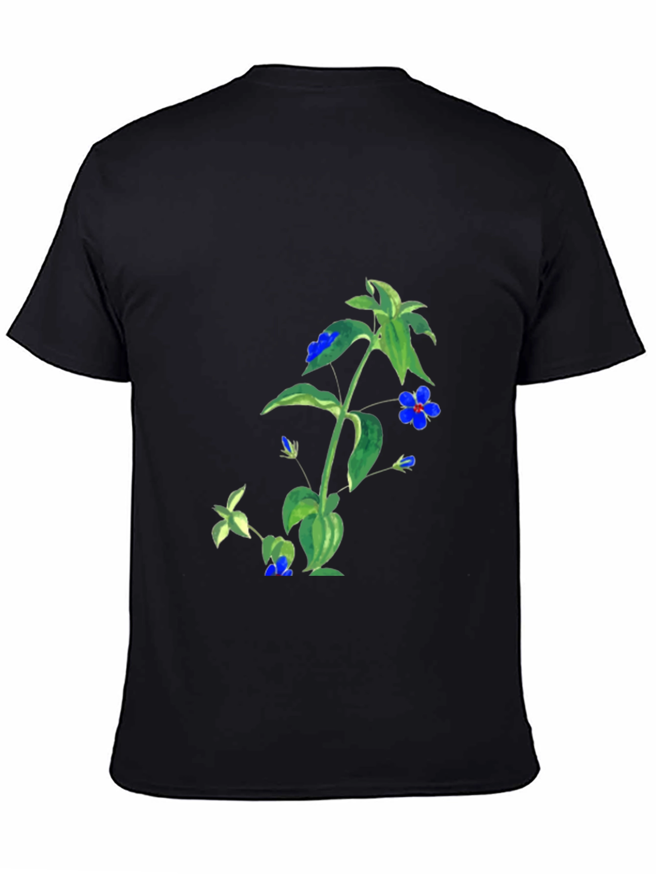 Black Botanical Blue Flower Graphic Black T-Shirt view 4