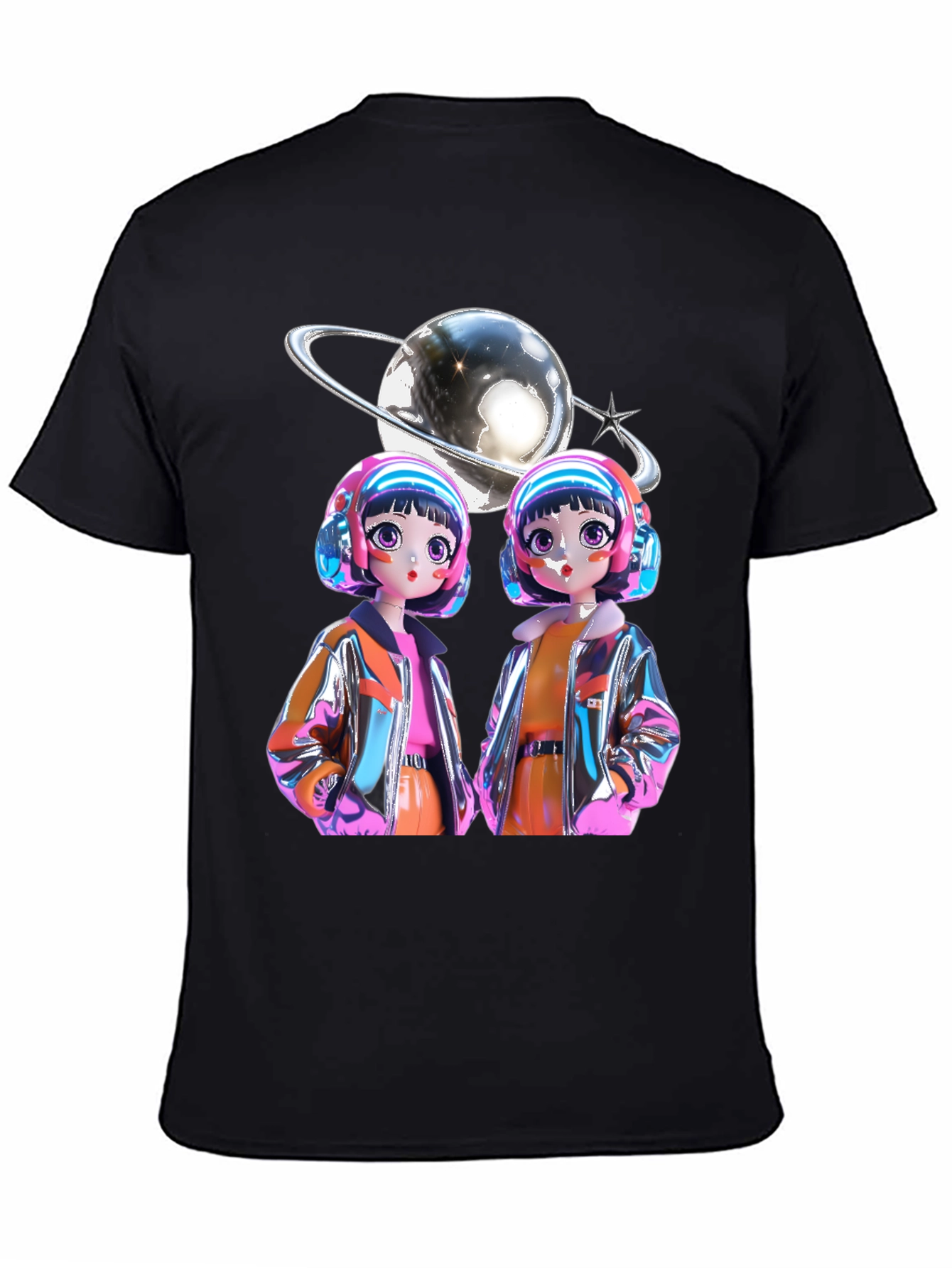 Black Retro Anime Twins Graphic Tee - Black Cotton T-Shirt view 4