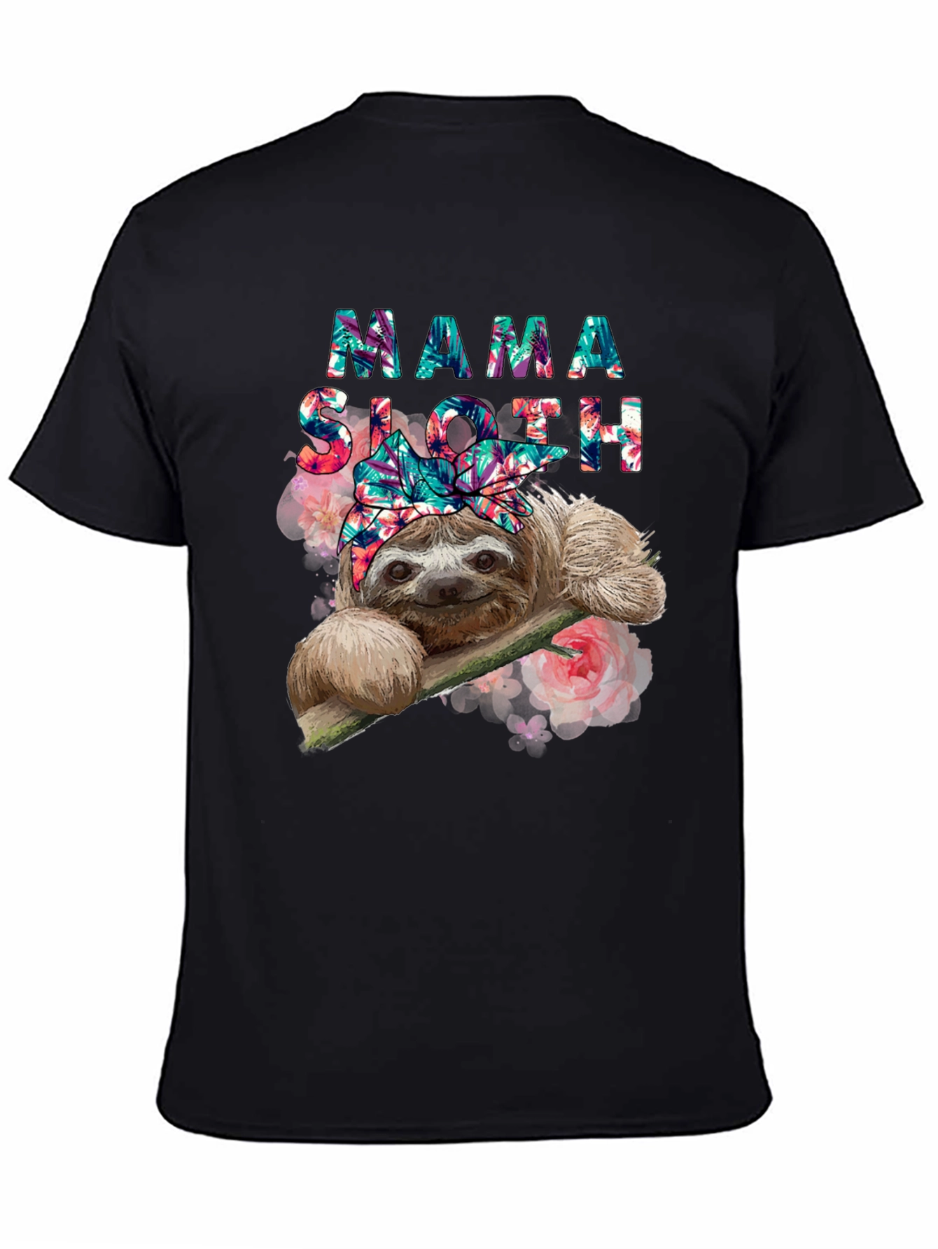 Black Mama Sloth Floral T-Shirt - Cute Animal Tee view 4
