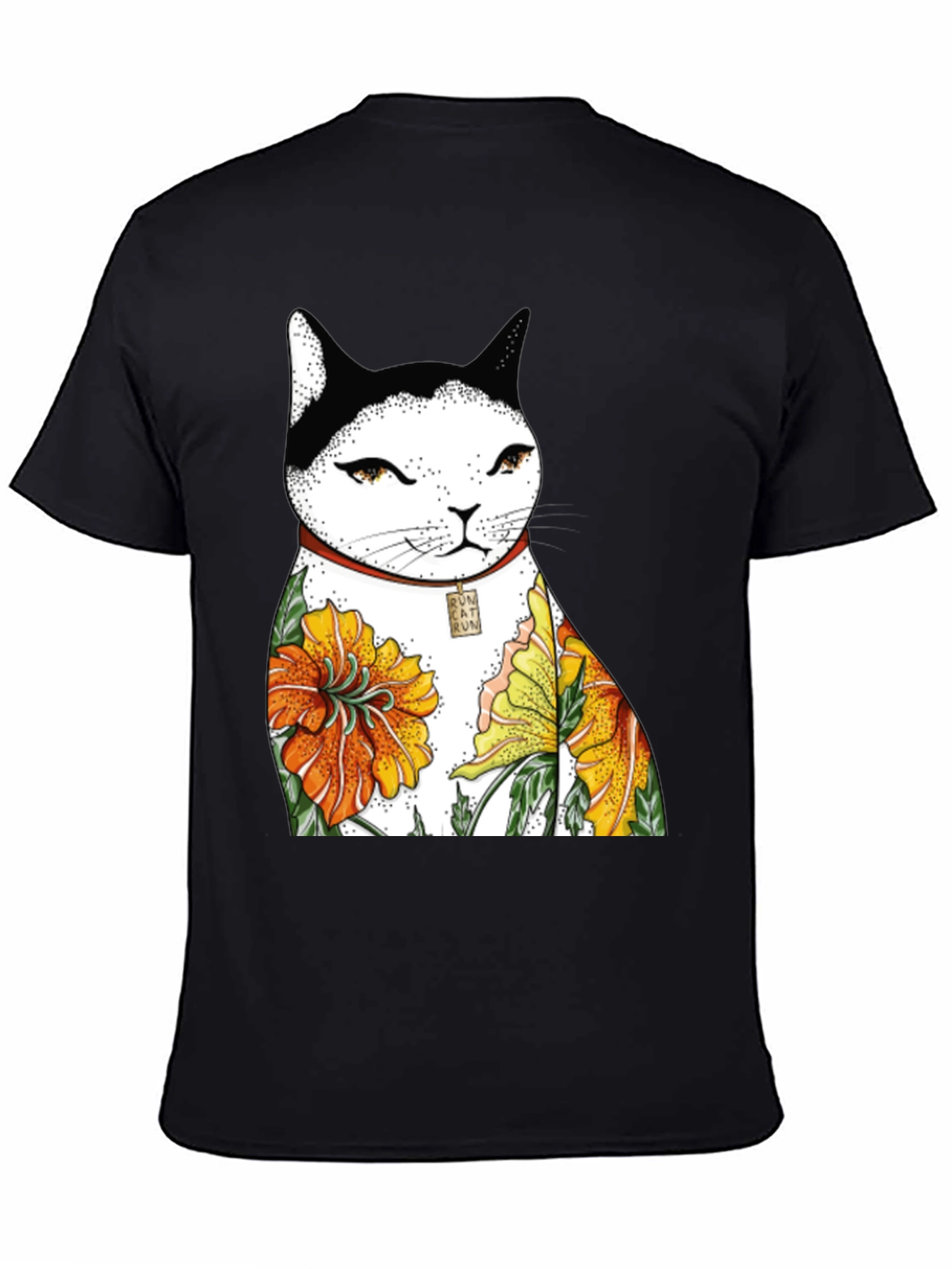 Black Cat & Flowers Black T-Shirt view 4