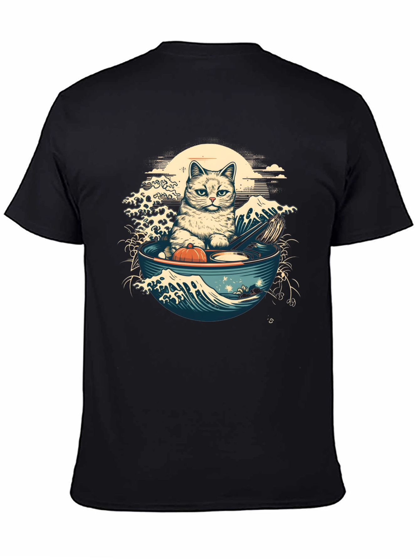 Black Cat Ramen Wave T-Shirt - Stylish Graphic Tee view 4