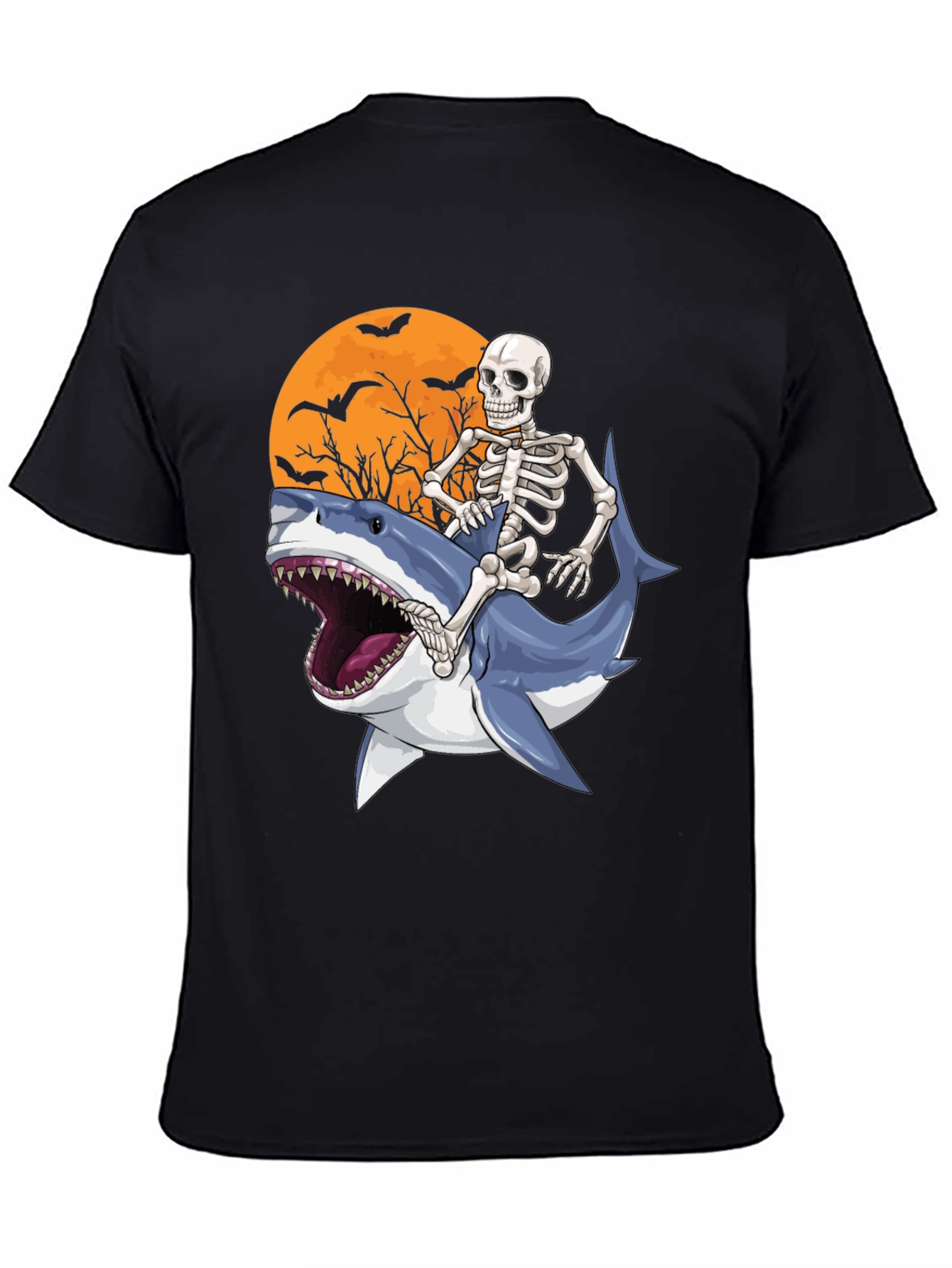 Black Skeleton Riding Shark Graphic T-Shirt - Halloween Style view 4