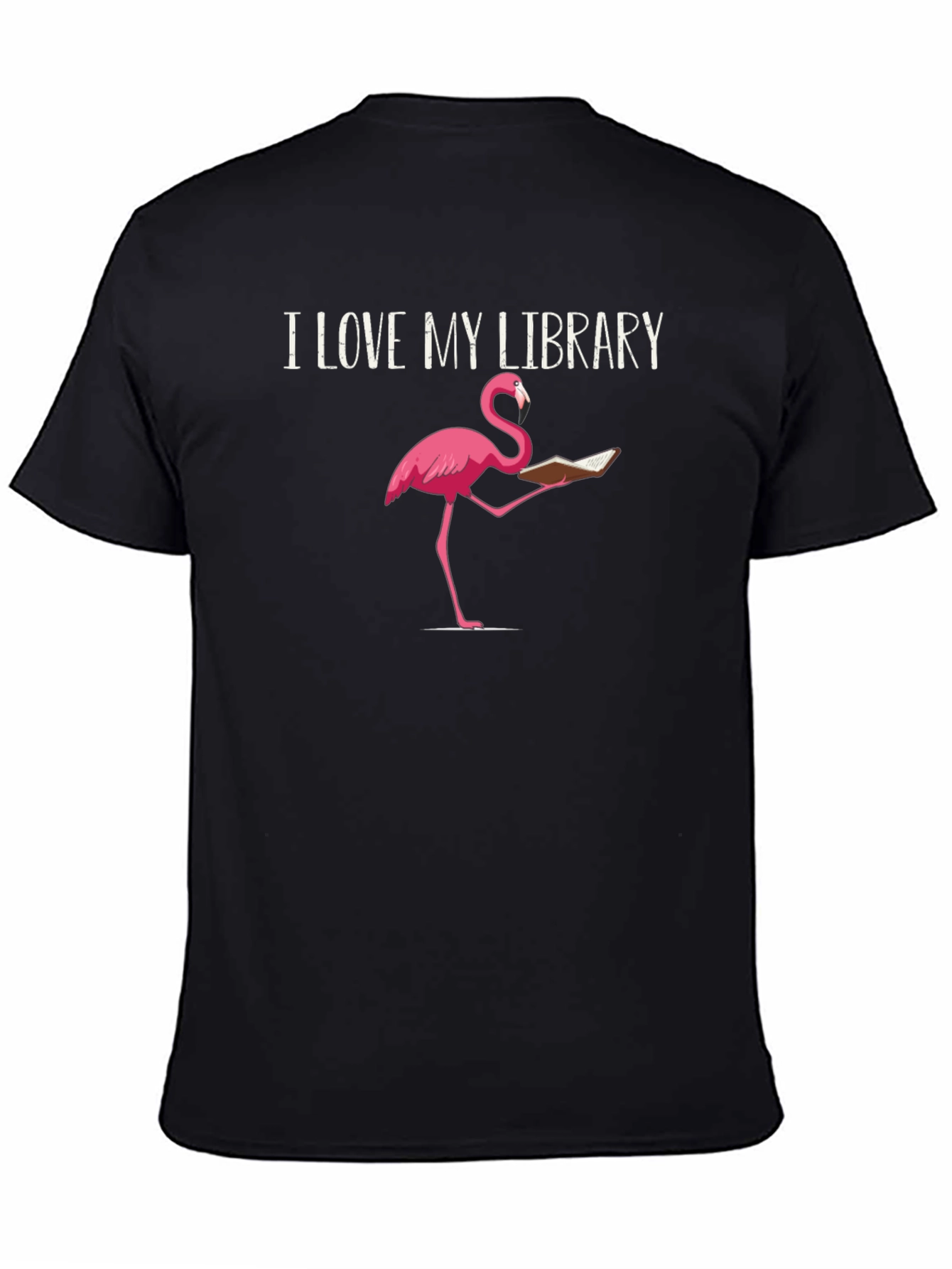 Black I Love My Library Flamingo Reading T-Shirt view 4