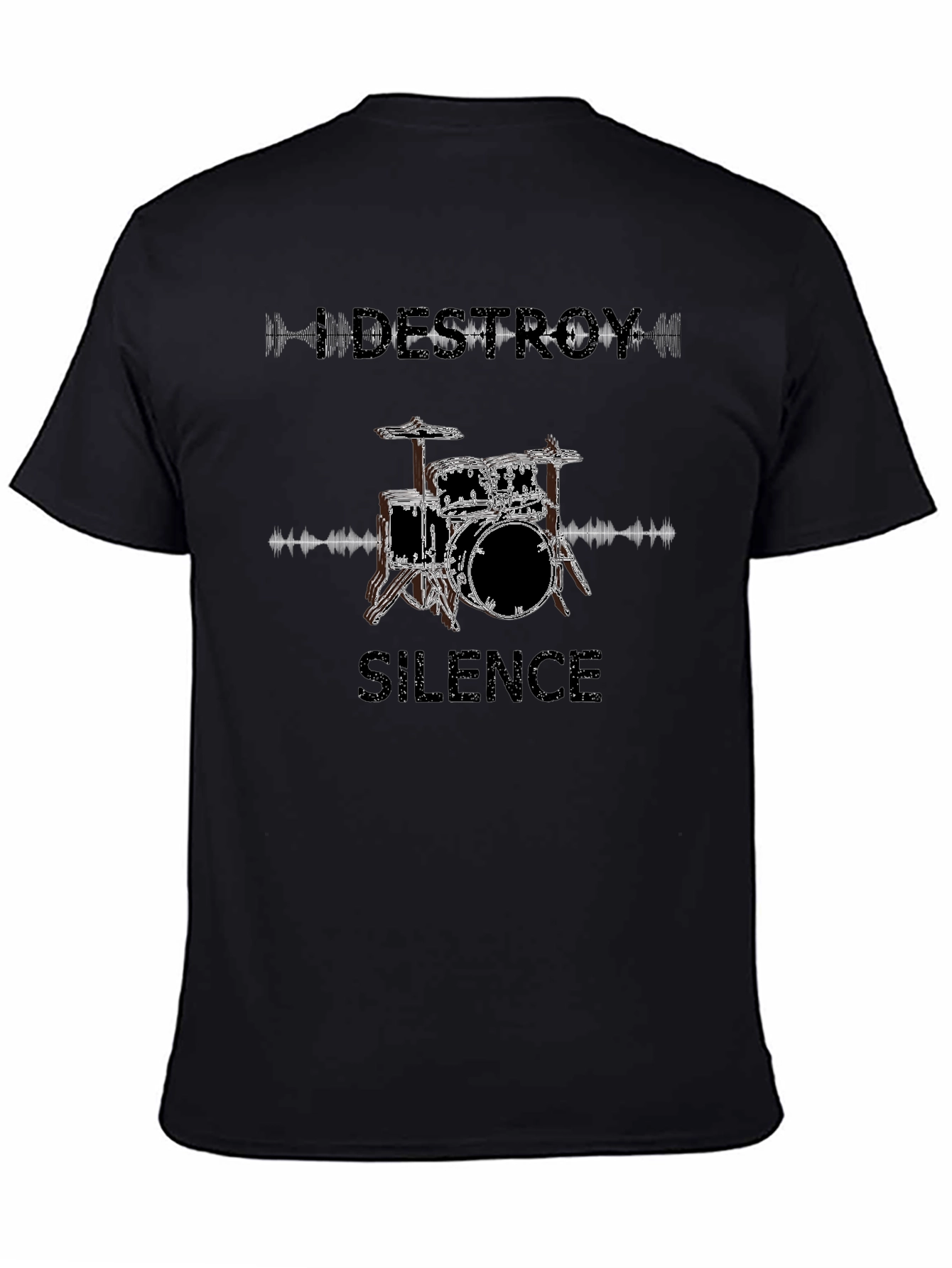 Black Destroy Silence Drum Set Graphic T-Shirt view 4