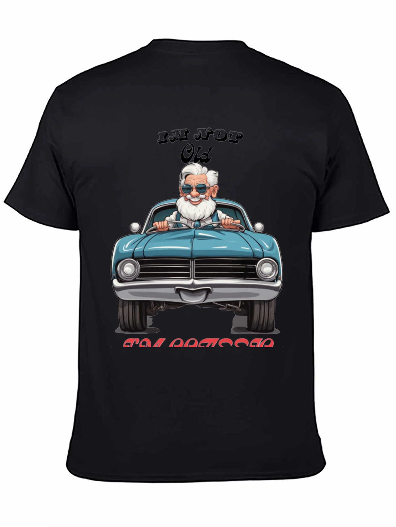 Black Funny Old Man Driving Classic Car T-Shirt view 4