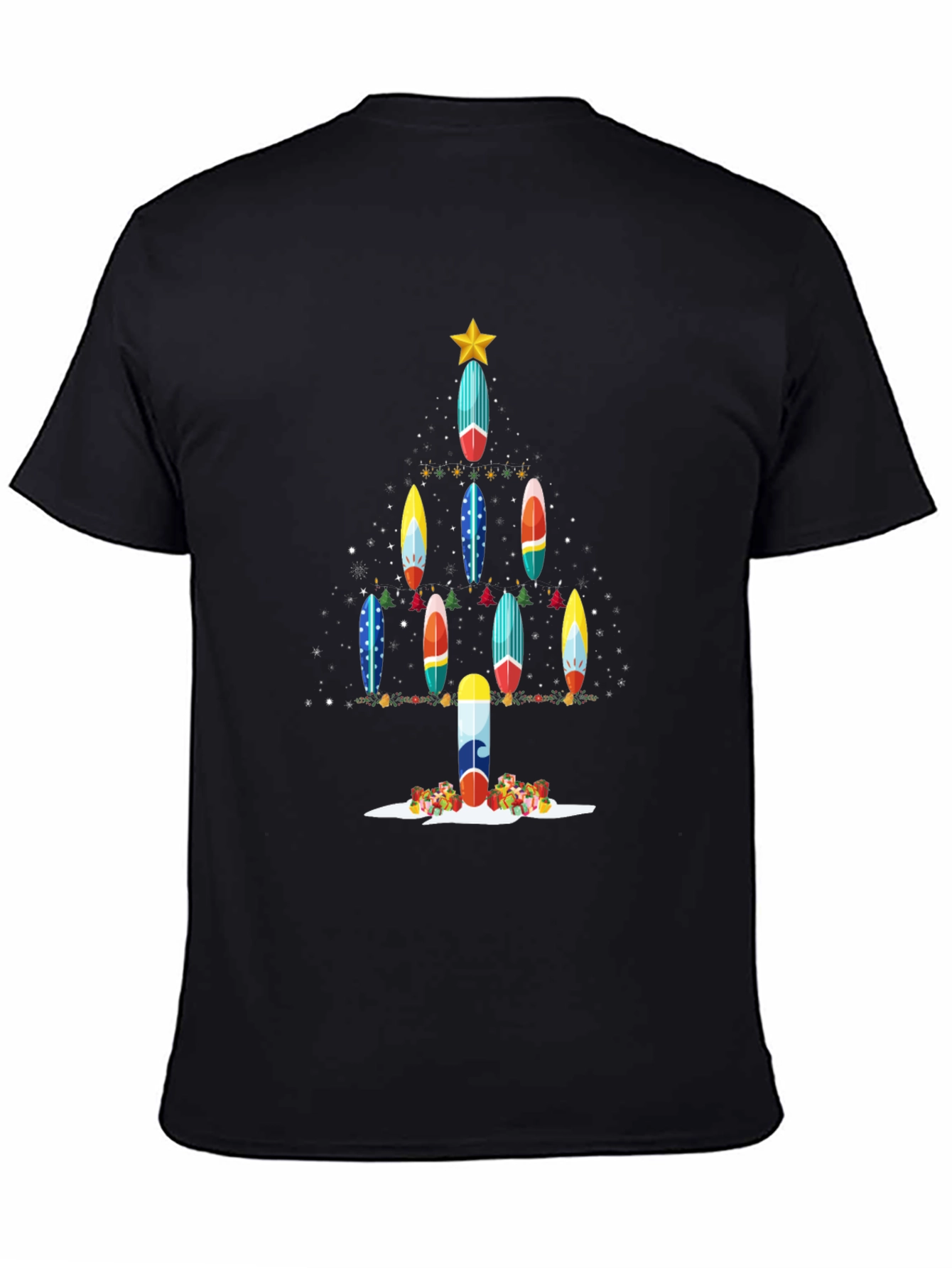 Black Surfboard Christmas Tree T-Shirt view 4
