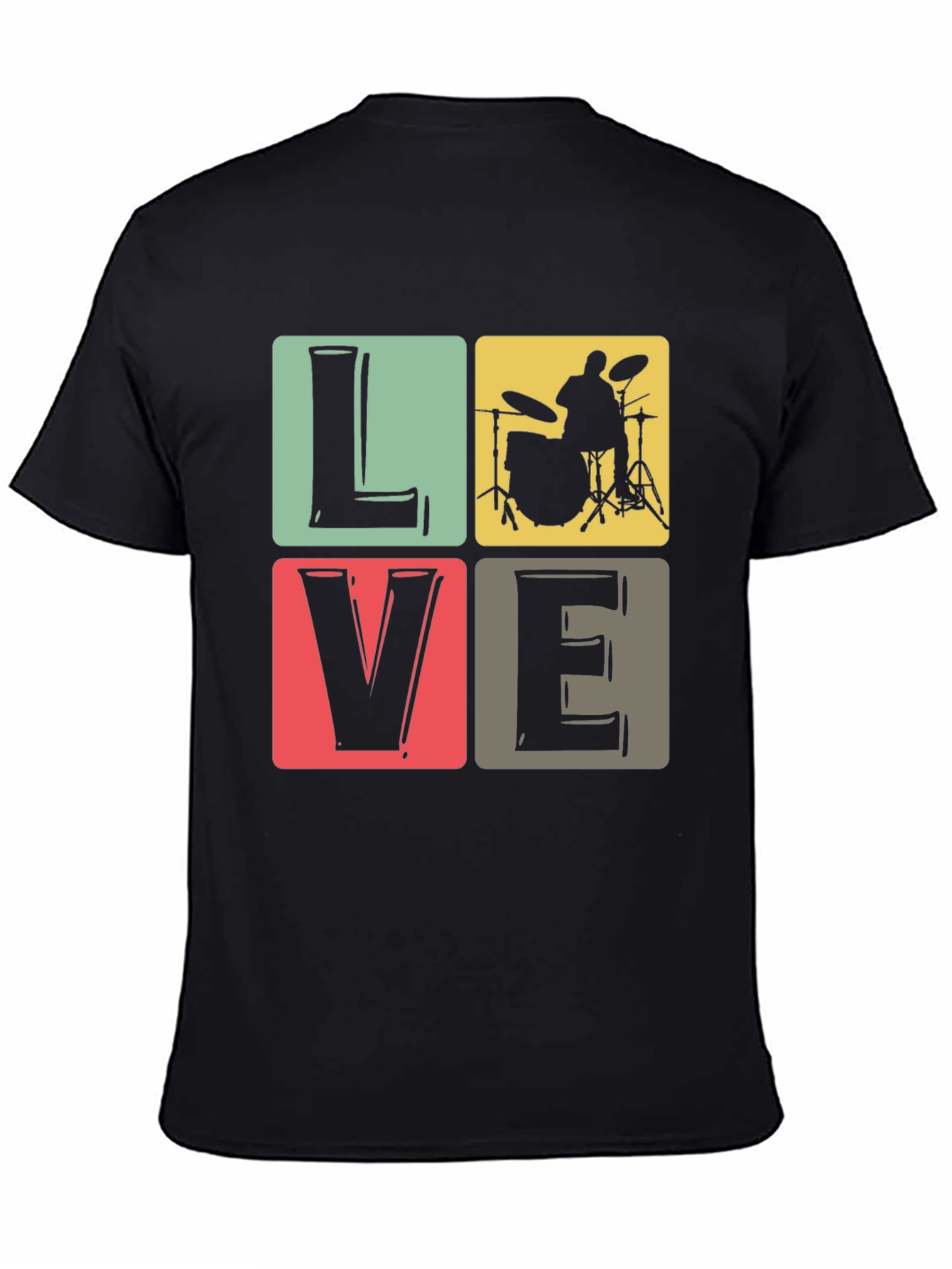 Black Love Music Drummer T-Shirt, Black Crew Neck view 4