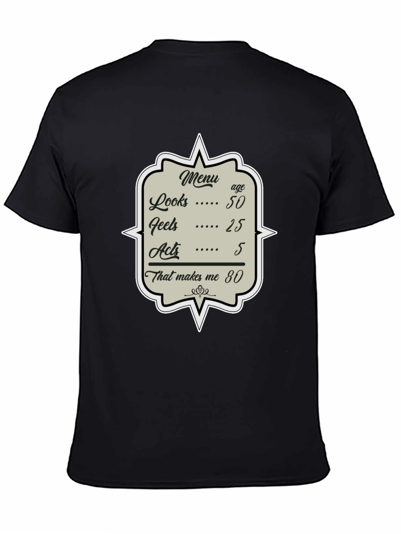 Black Humorous 80th Birthday Menu T-Shirt view 4