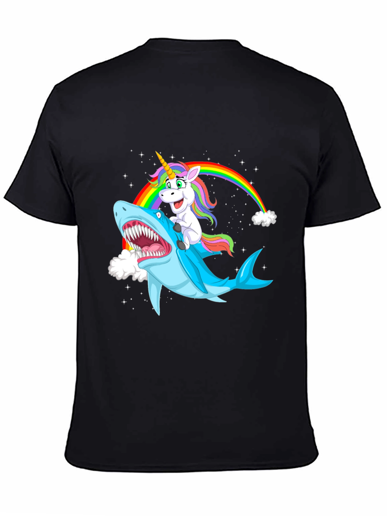 Black Unicorn Riding Shark Black Graphic Tee view 4
