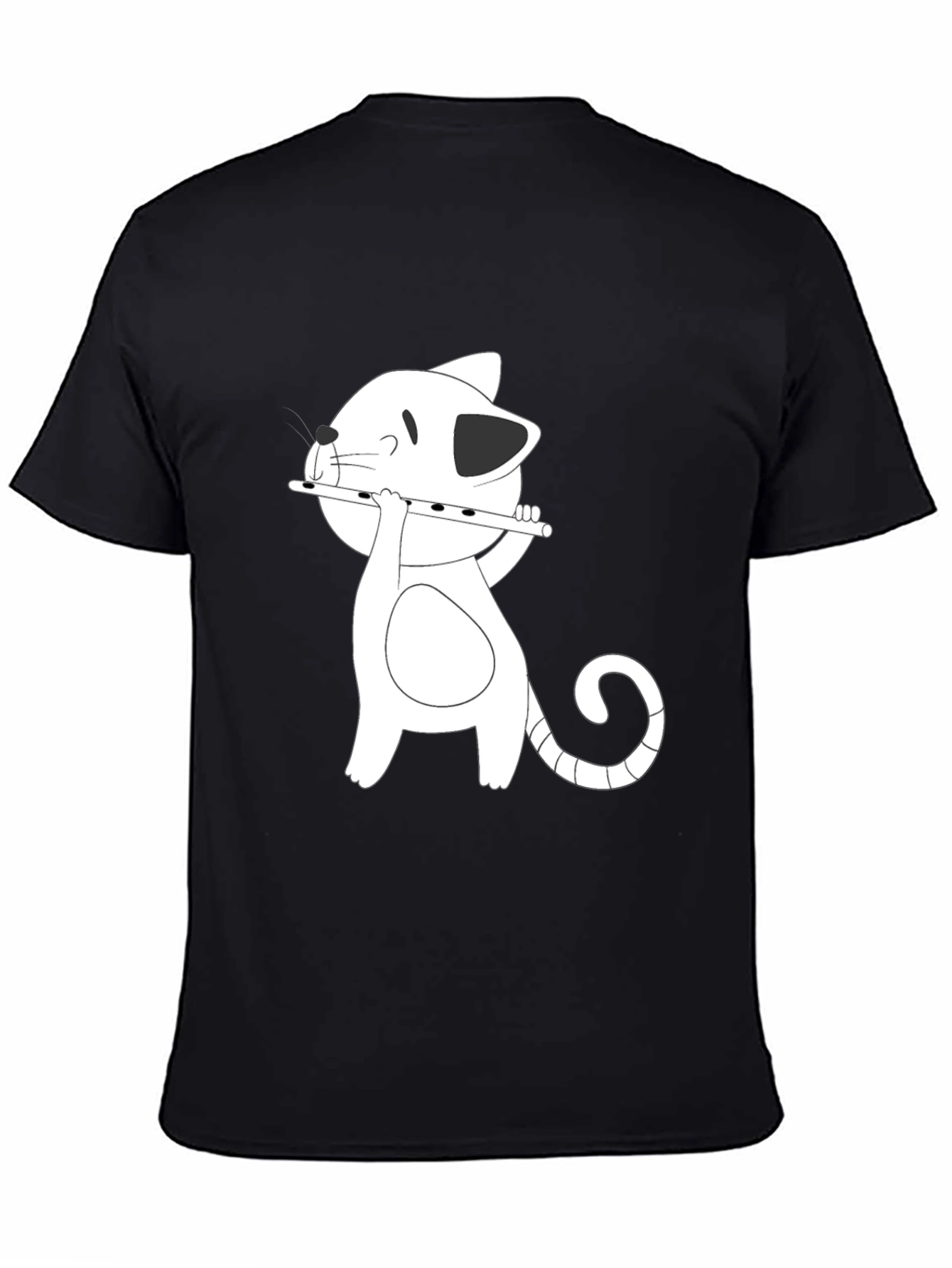 Black Cartoon Cat Flute Player Black T-Shirt view 4