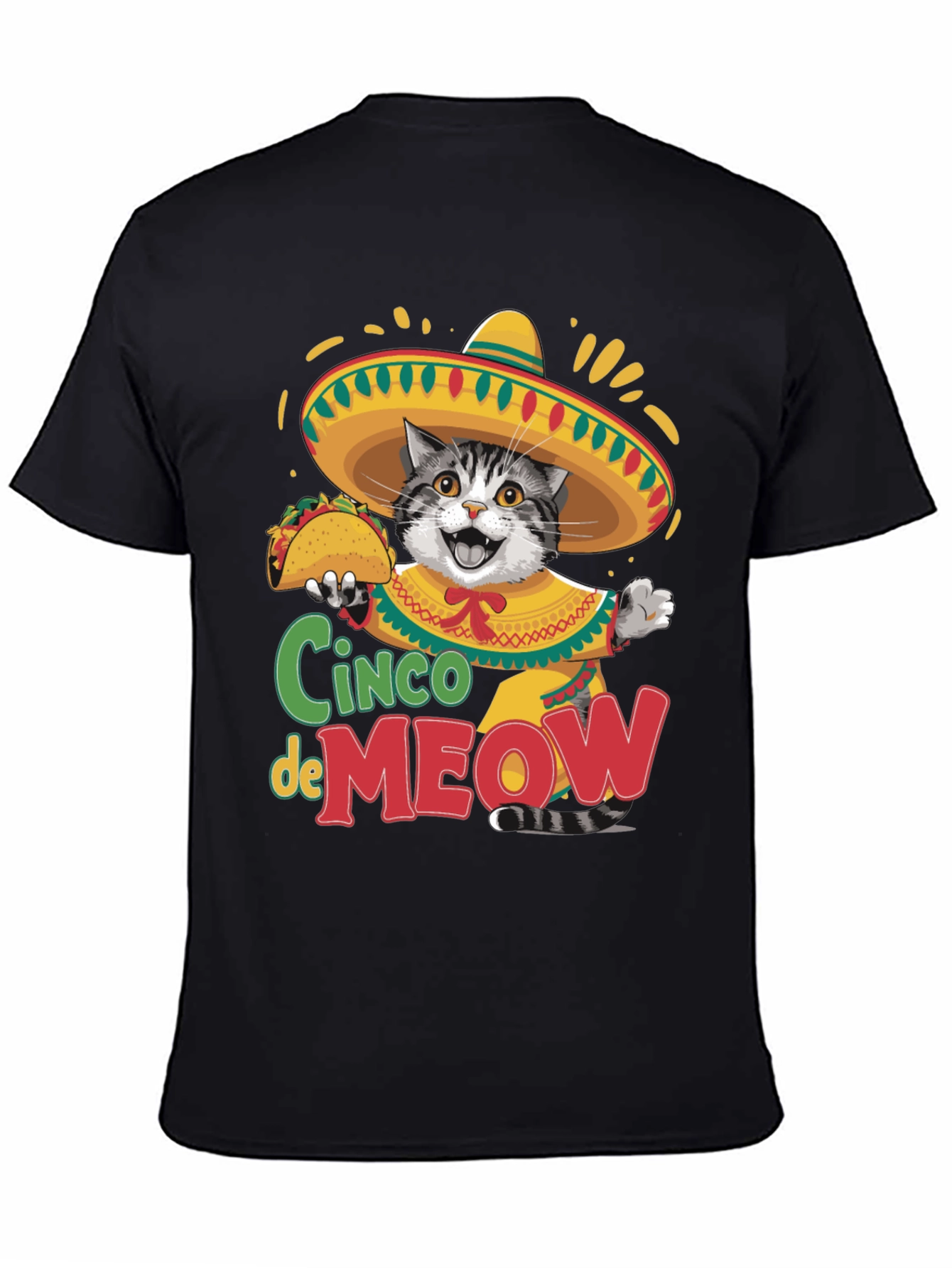 Black Cinco de Meow Cat T-Shirt - Taco Fiesta Tee view 4