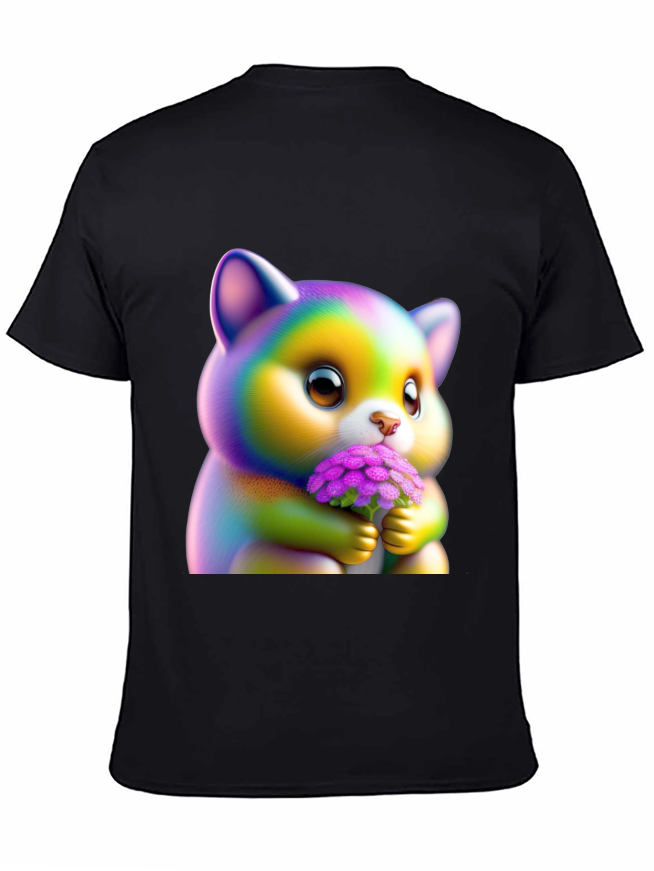 Black Cute Rainbow Kitten Holding Flowers Graphic Tee view 4