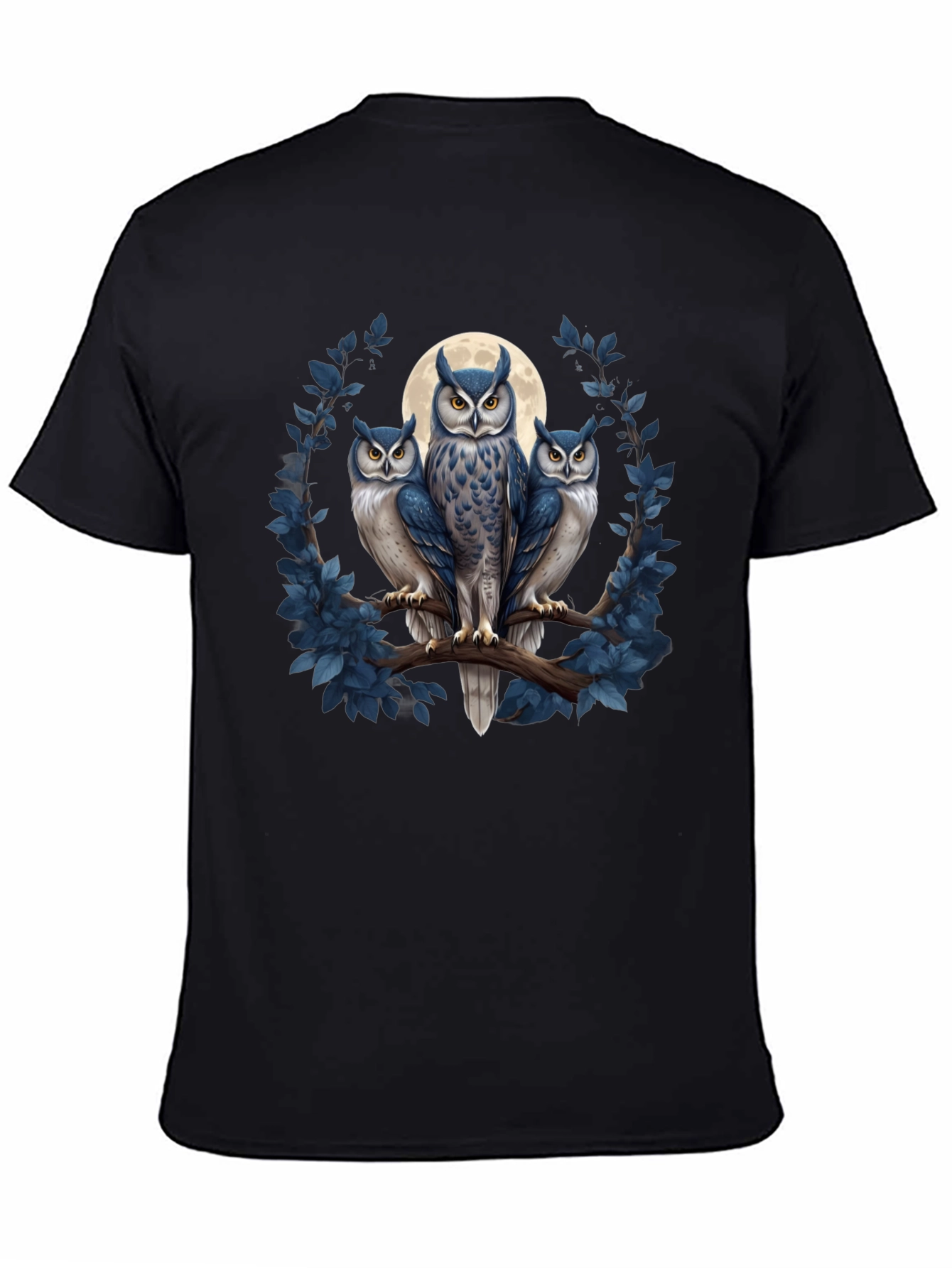 Black Owl Trio Graphic Tee - Moonlit Birds on Branch T-Shirt view 4