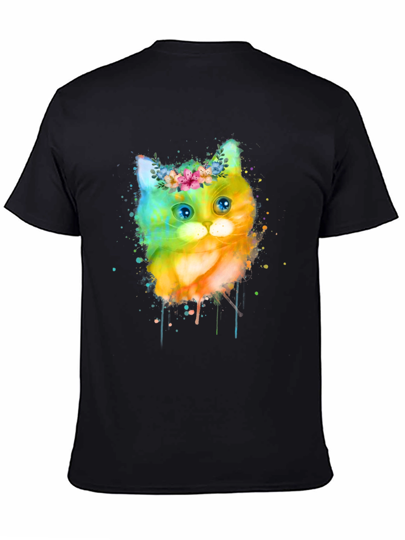 Black Watercolor Cat T-Shirt - Floral Crown Kitten Tee view 4