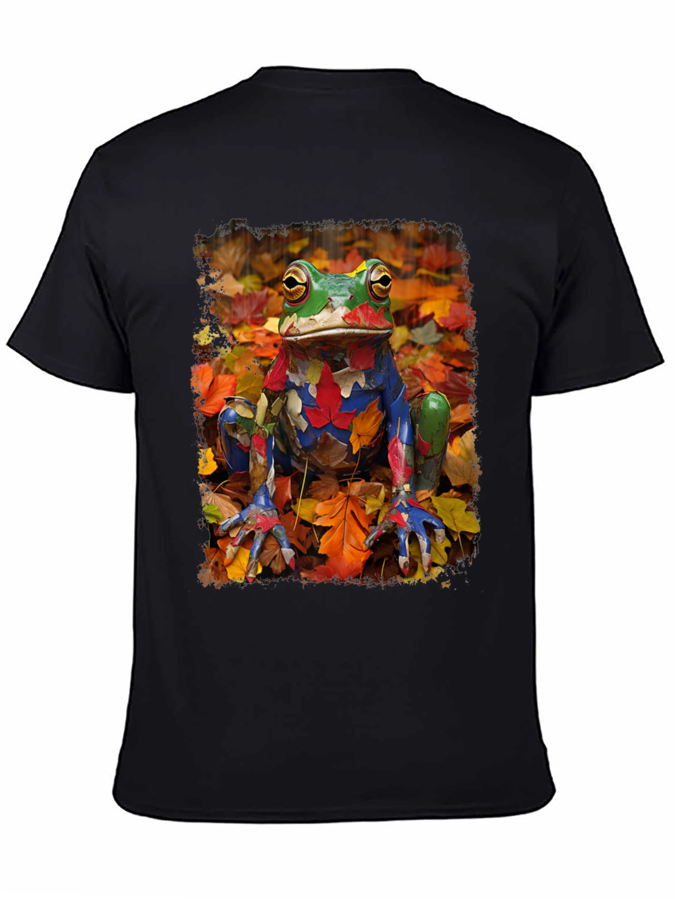 Black Frog in Fall Leaves Black T-Shirt view 4