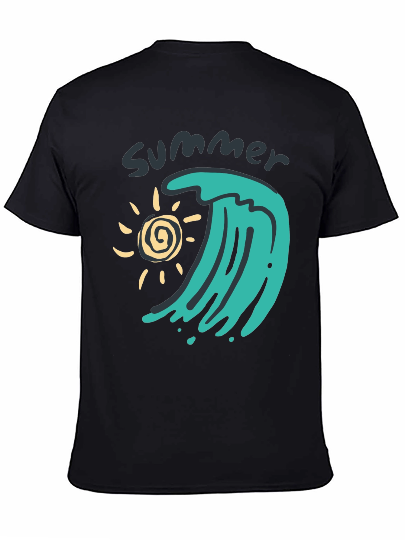 Black Summer Wave Graphic Tee - Black Cotton T-Shirt view 4