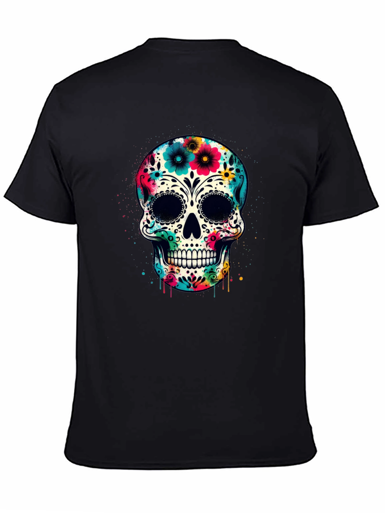 Black Floral Sugar Skull Graphic Tee - Day of the Dead Style view 4