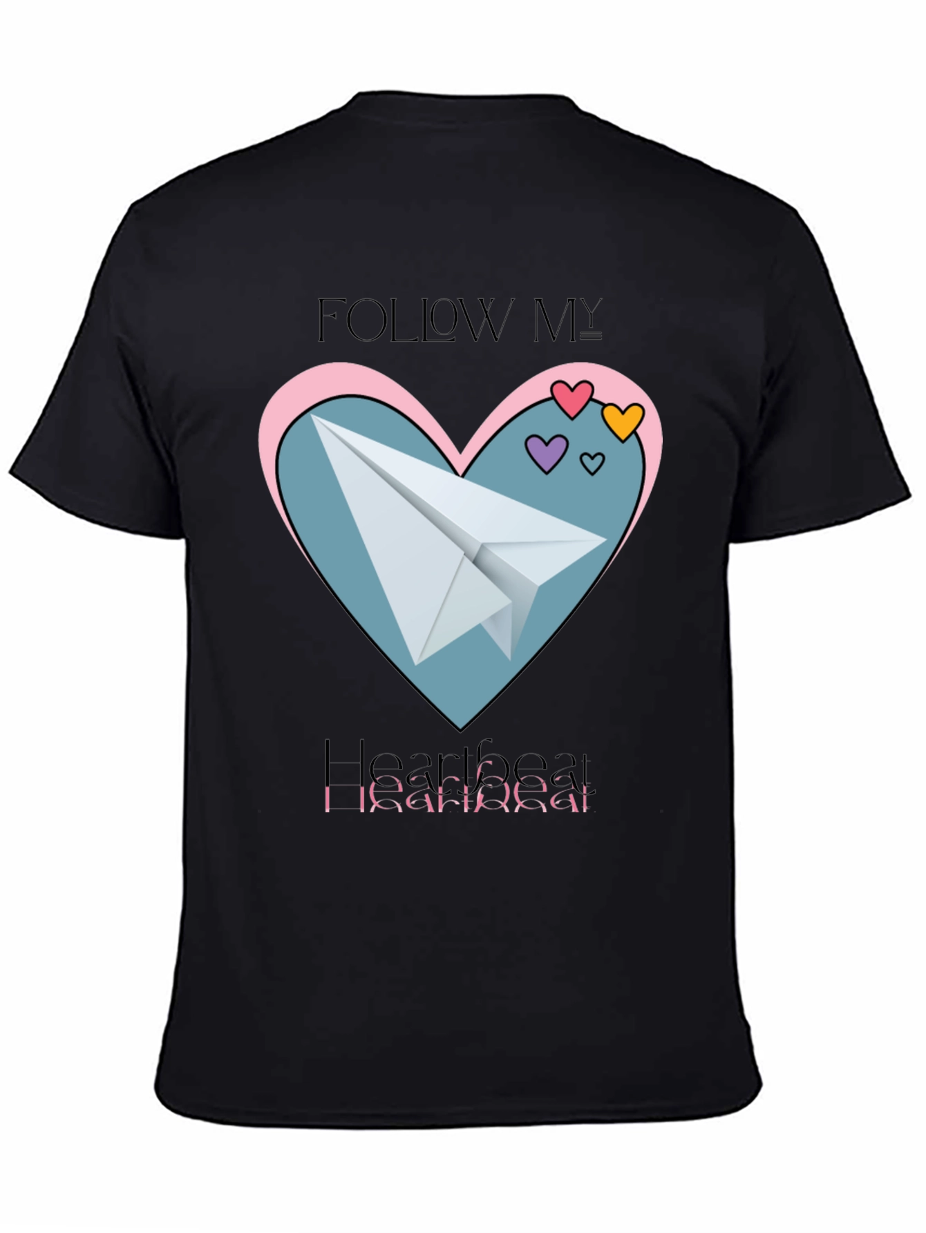 Black Follow My Heartbeat T-Shirt: Paper Airplane Love Design view 4