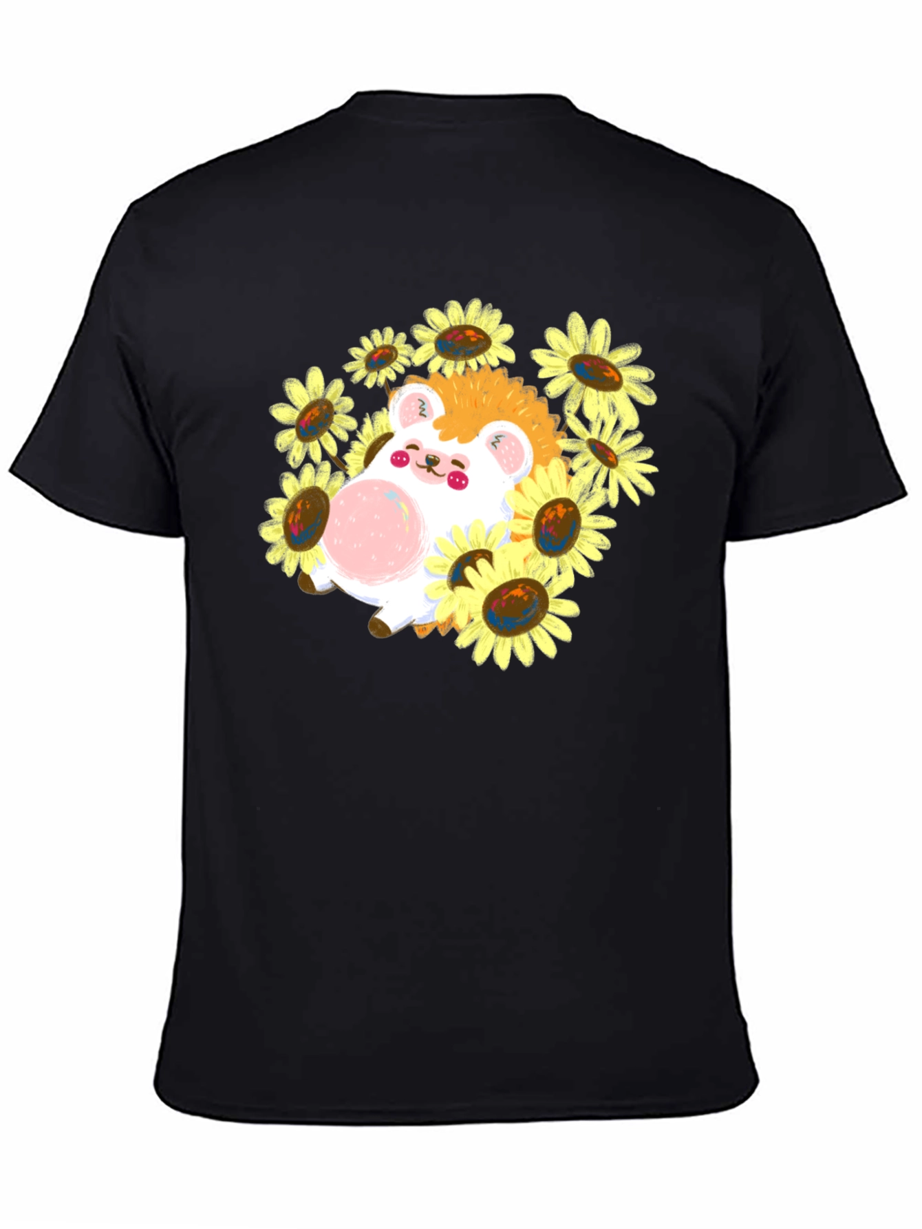 Black Cute Hedgehog Sunflower T-Shirt view 4