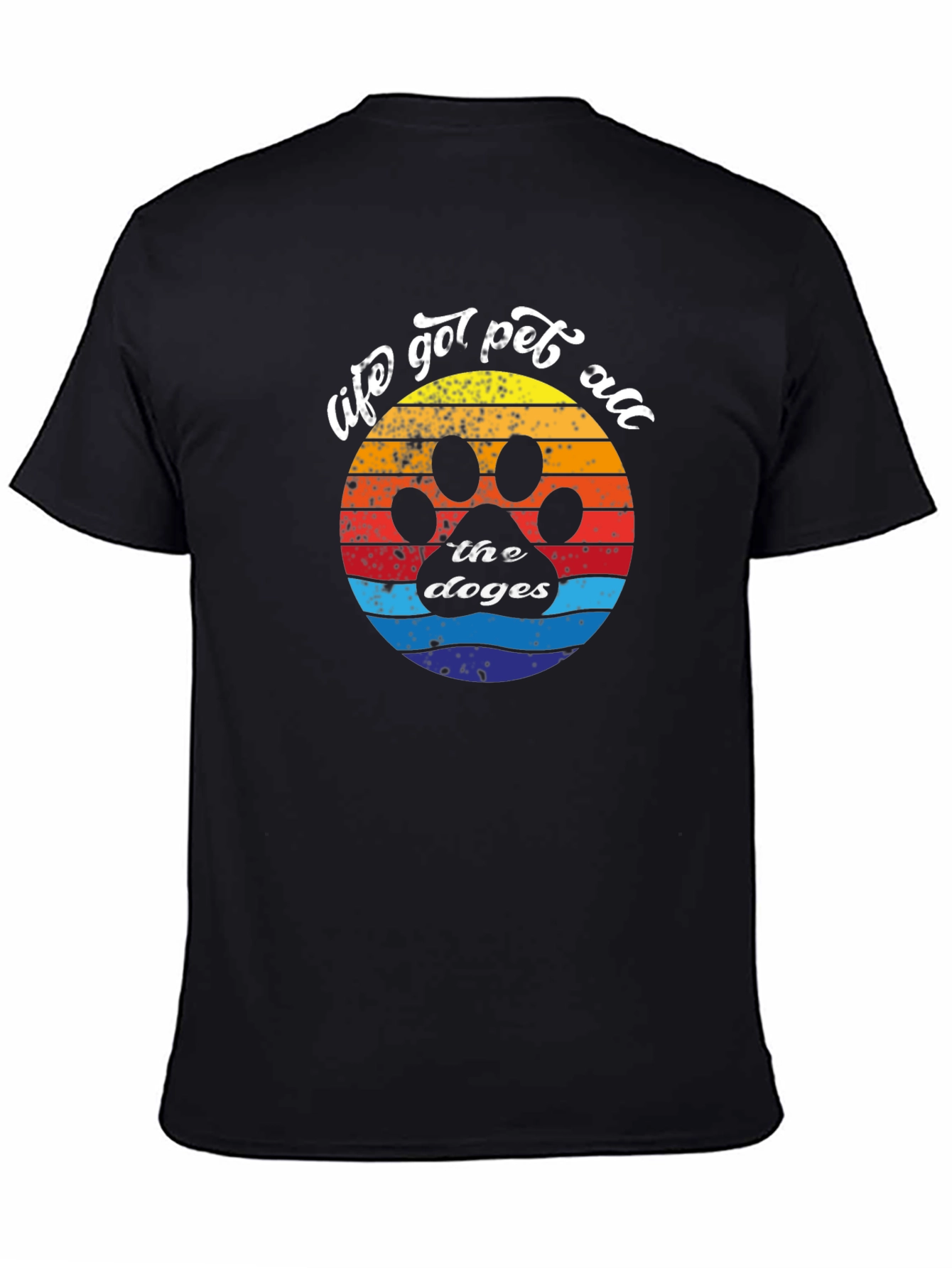Black Retro Dog Paw T-Shirt - "life got pet all the doges" view 4