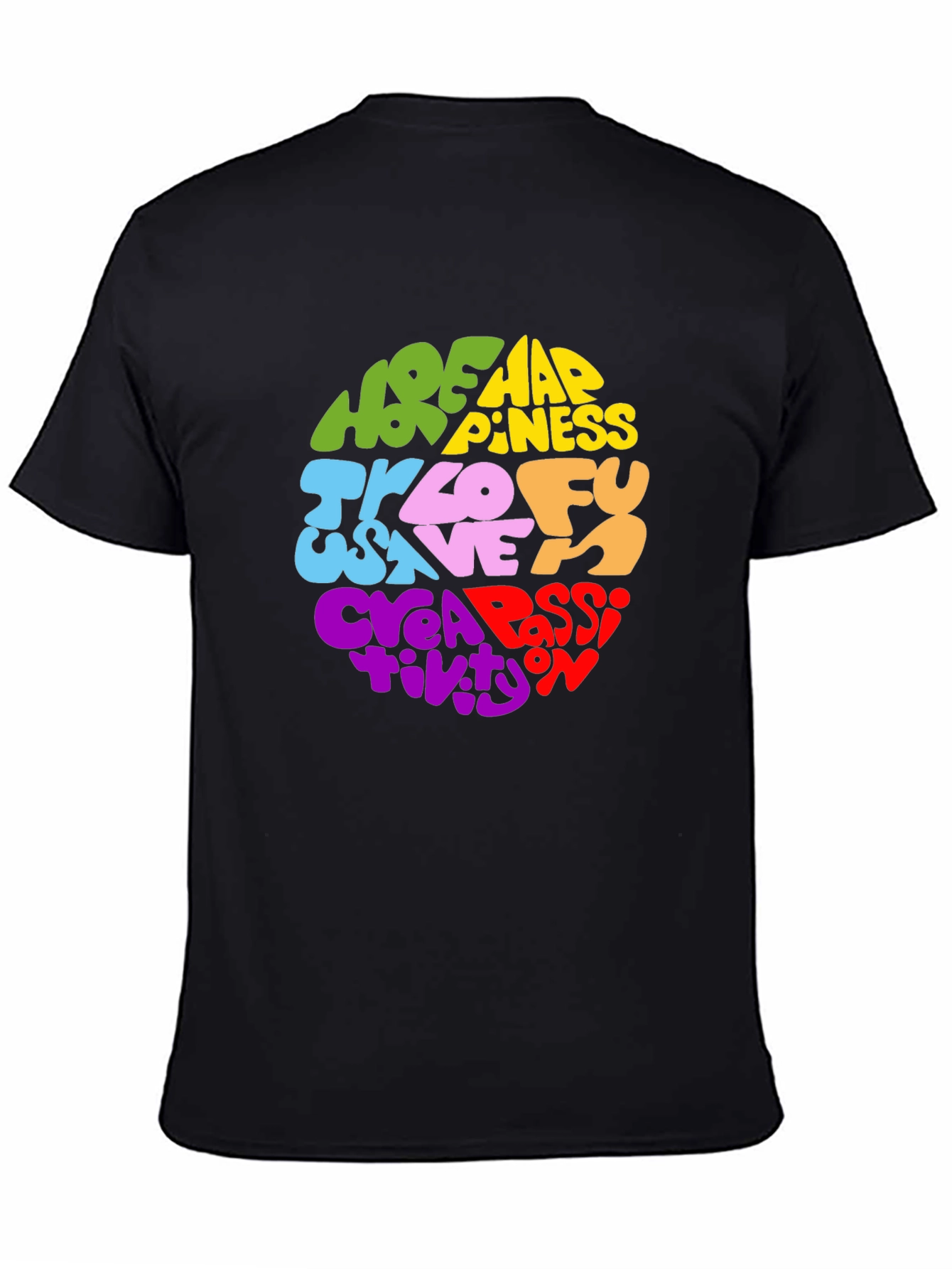 Black Colorful Word Art Graphic Print T-Shirt view 4