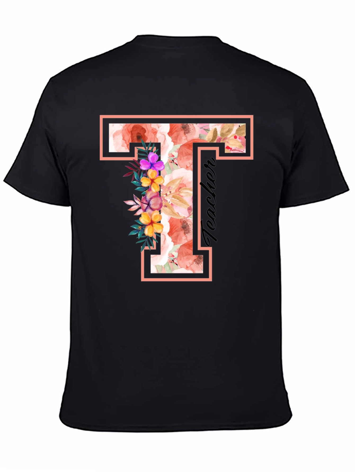 Black Floral T Teacher T-Shirt view 4