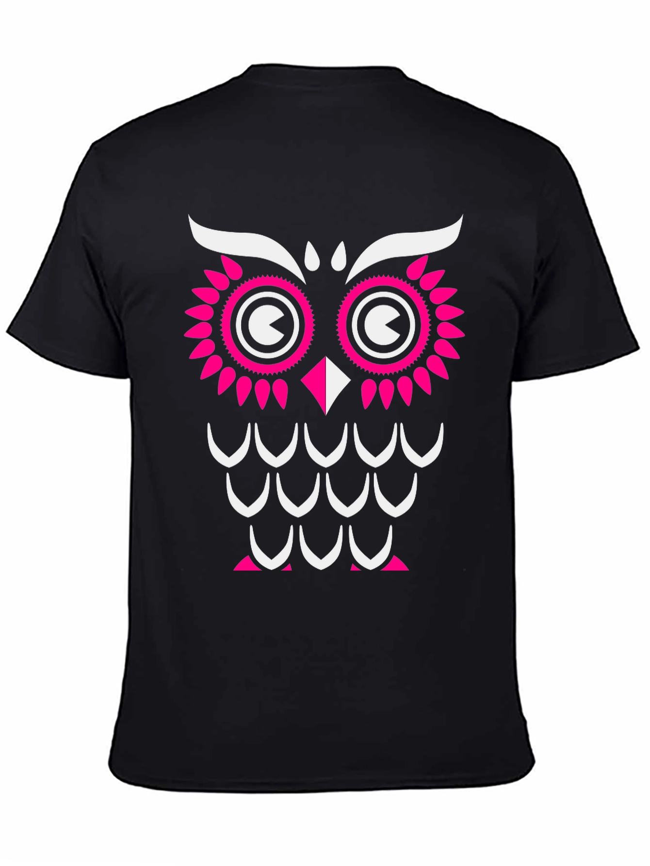Black Owl Graphic Print T-Shirt - Black with Pink & White Design view 4