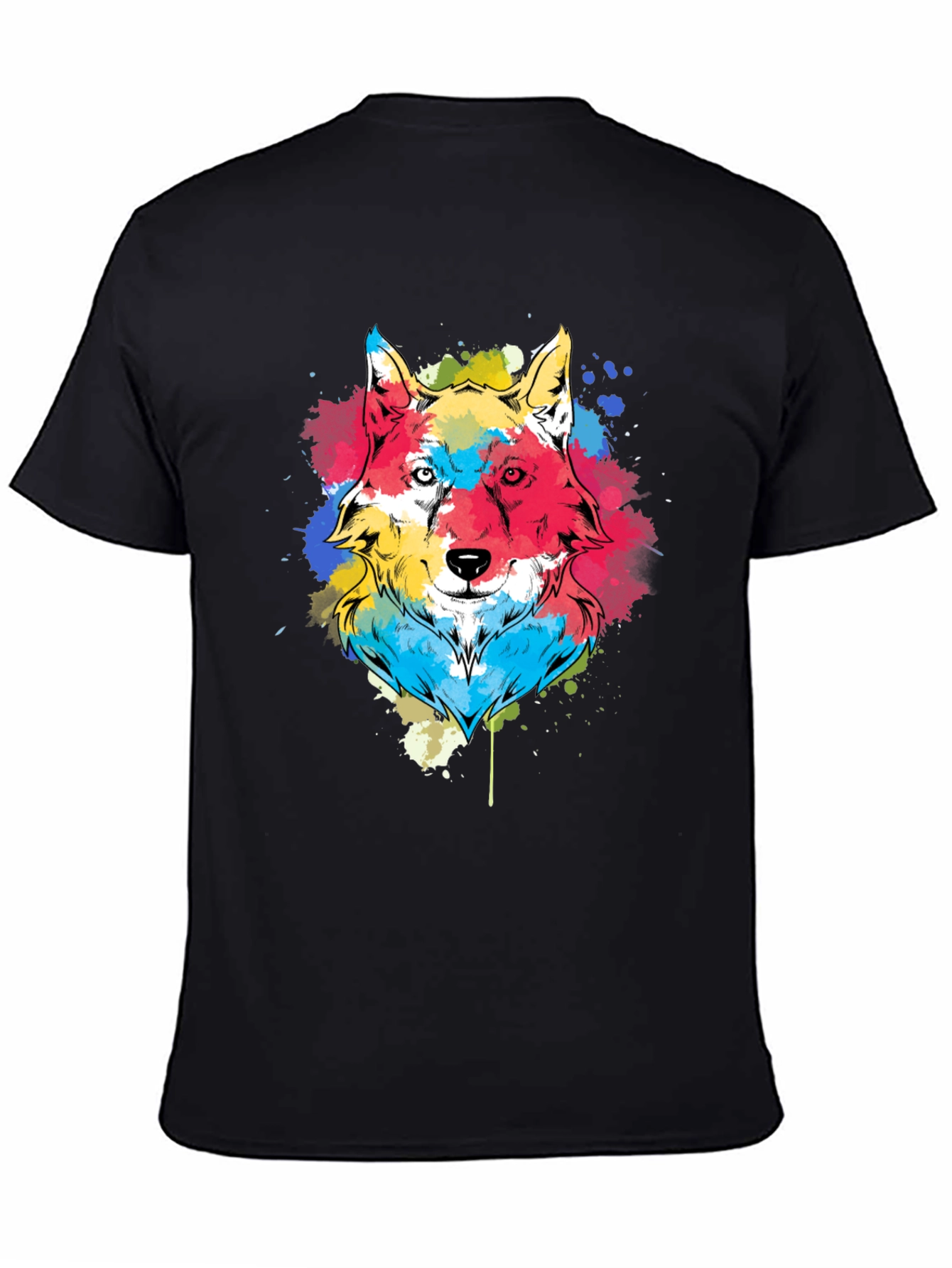 Black Colorful Wolf Graphic Tee - Black Cotton Blend view 4