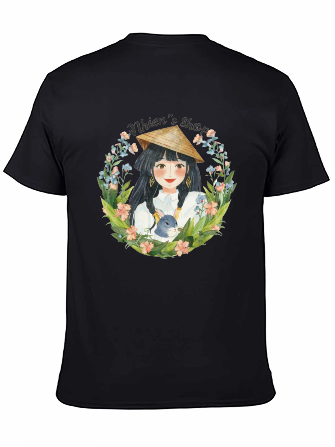 Black Whimsical Girl with Rabbit Black T-Shirt view 4