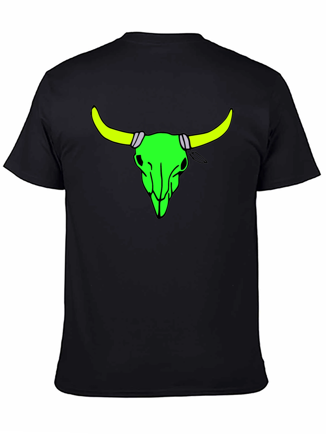 Black Neon Bull Skull Graphic Tee - Bold Black Cotton Shirt view 4
