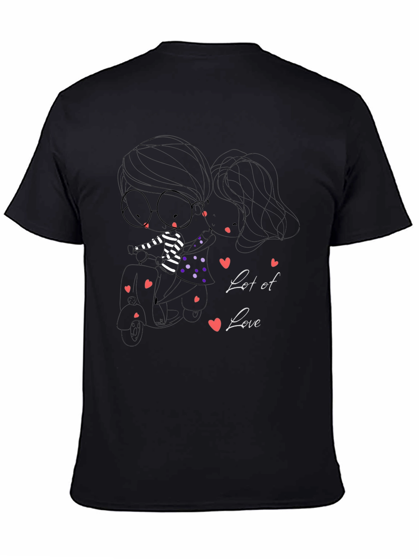 Black Cute Cartoon Couple Scooter Ride Black T-Shirt view 4