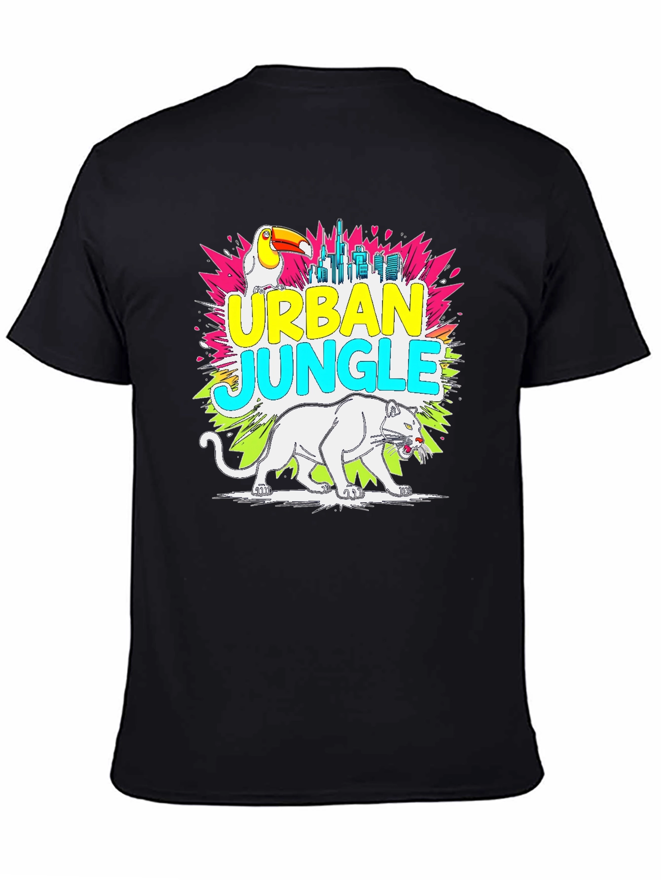 Black Urban Jungle Graphic Tee - Toucan, Panther, Cityscape view 4