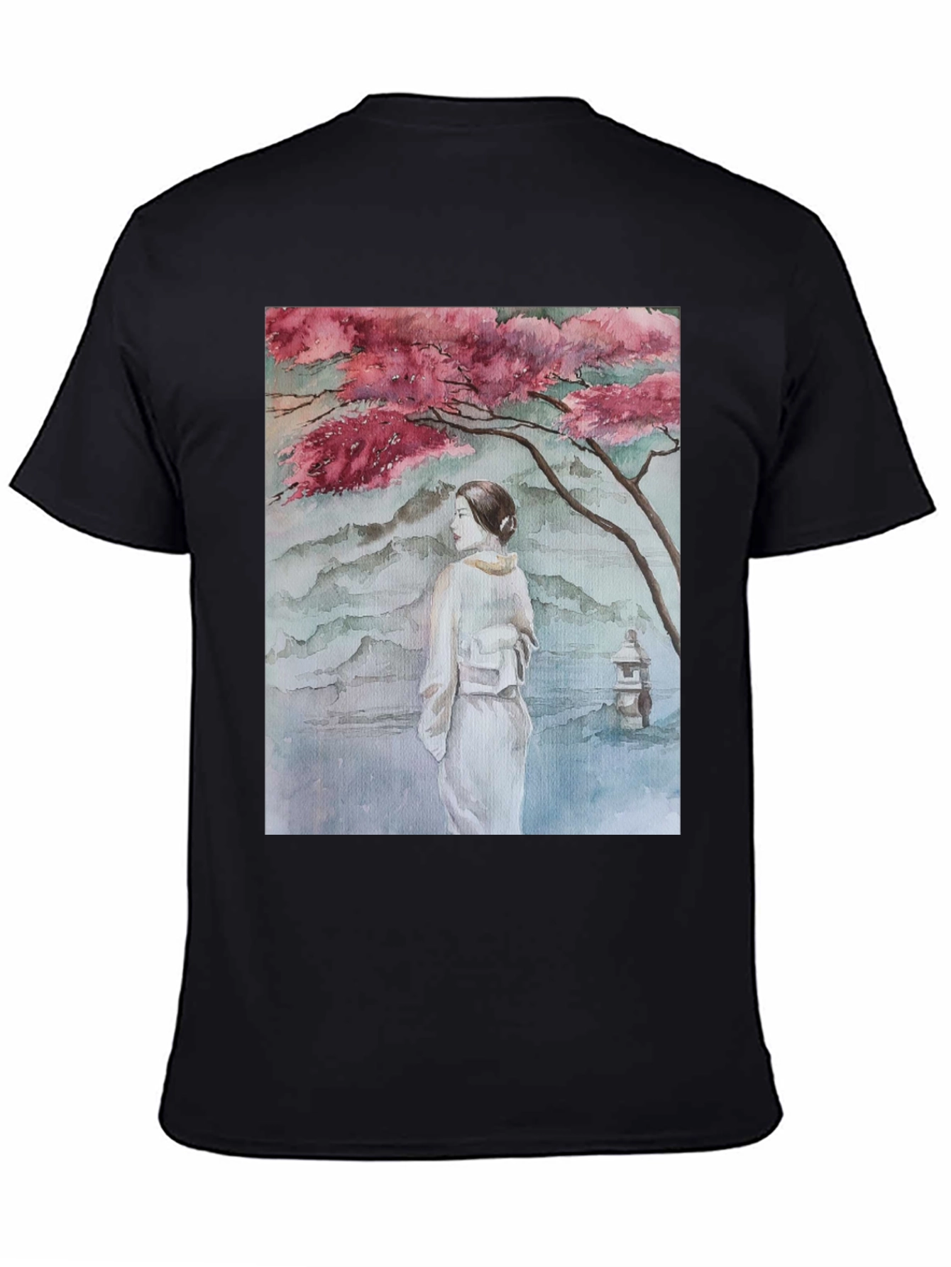 Black Watercolor Japanese Art Black T-Shirt view 4