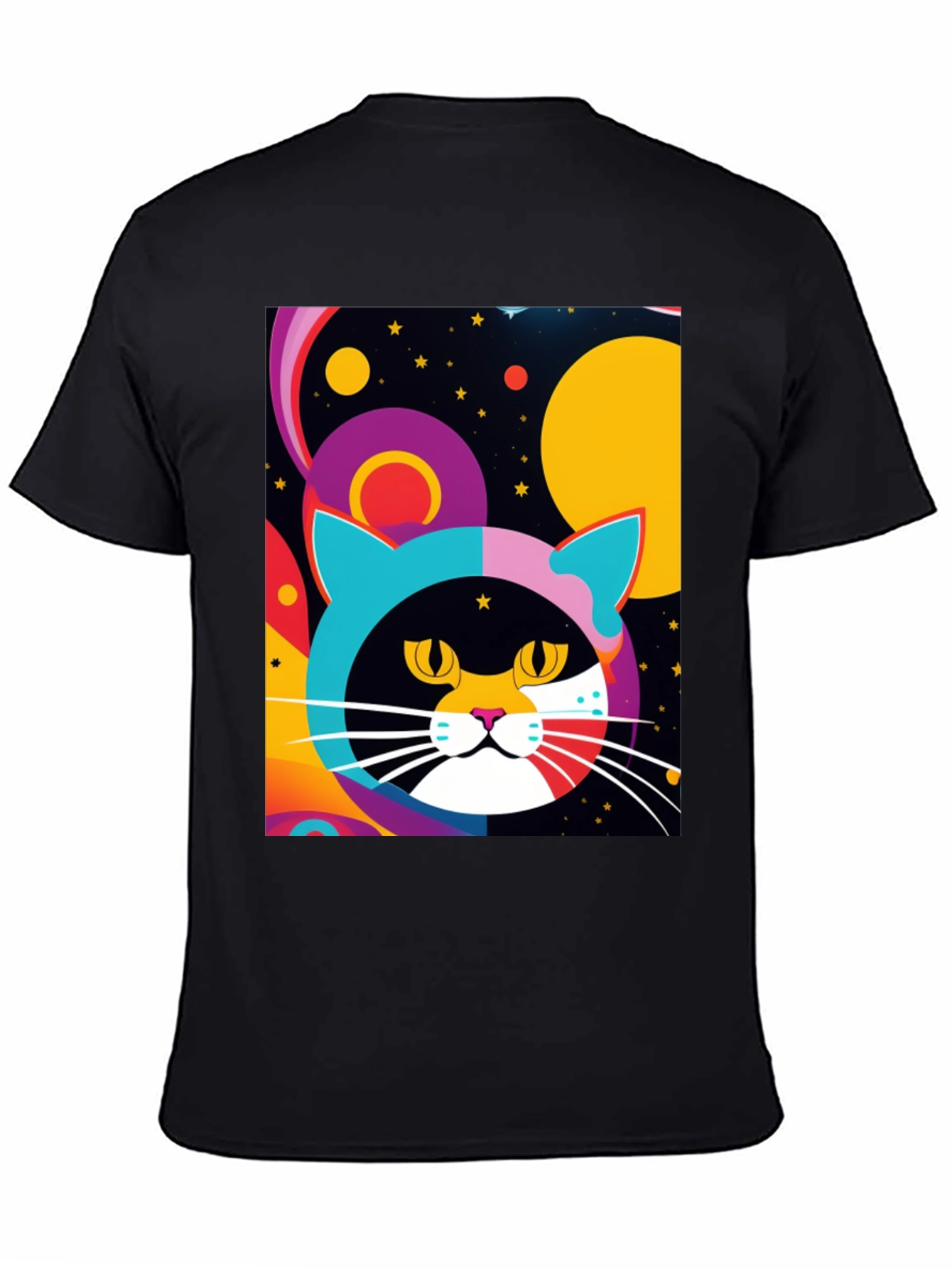 Black Psychedelic Cat T-Shirt - Colorful Retro Design view 4
