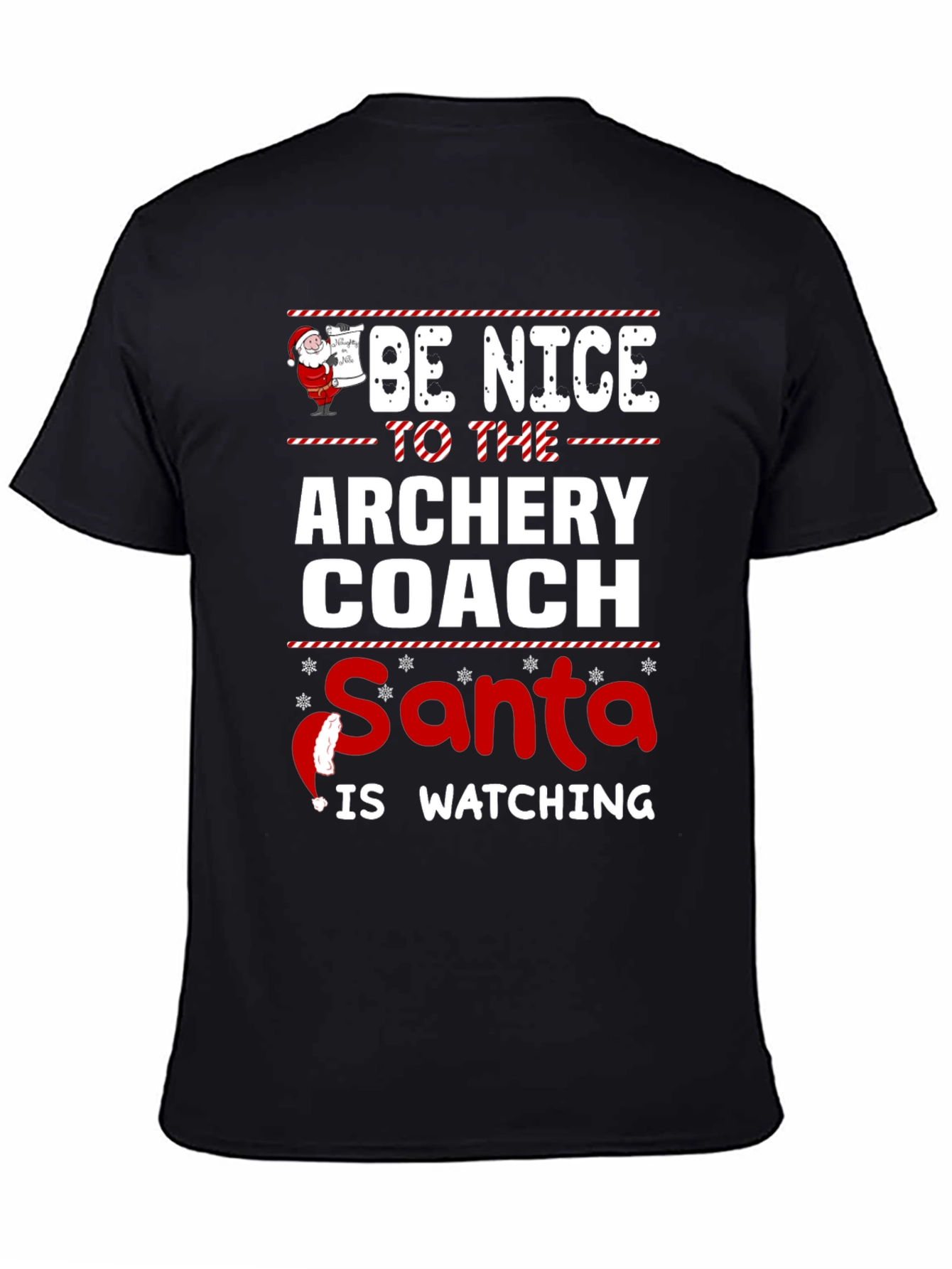 Black Archery Coach Santa T-Shirt - Be Nice Holiday Tee view 4