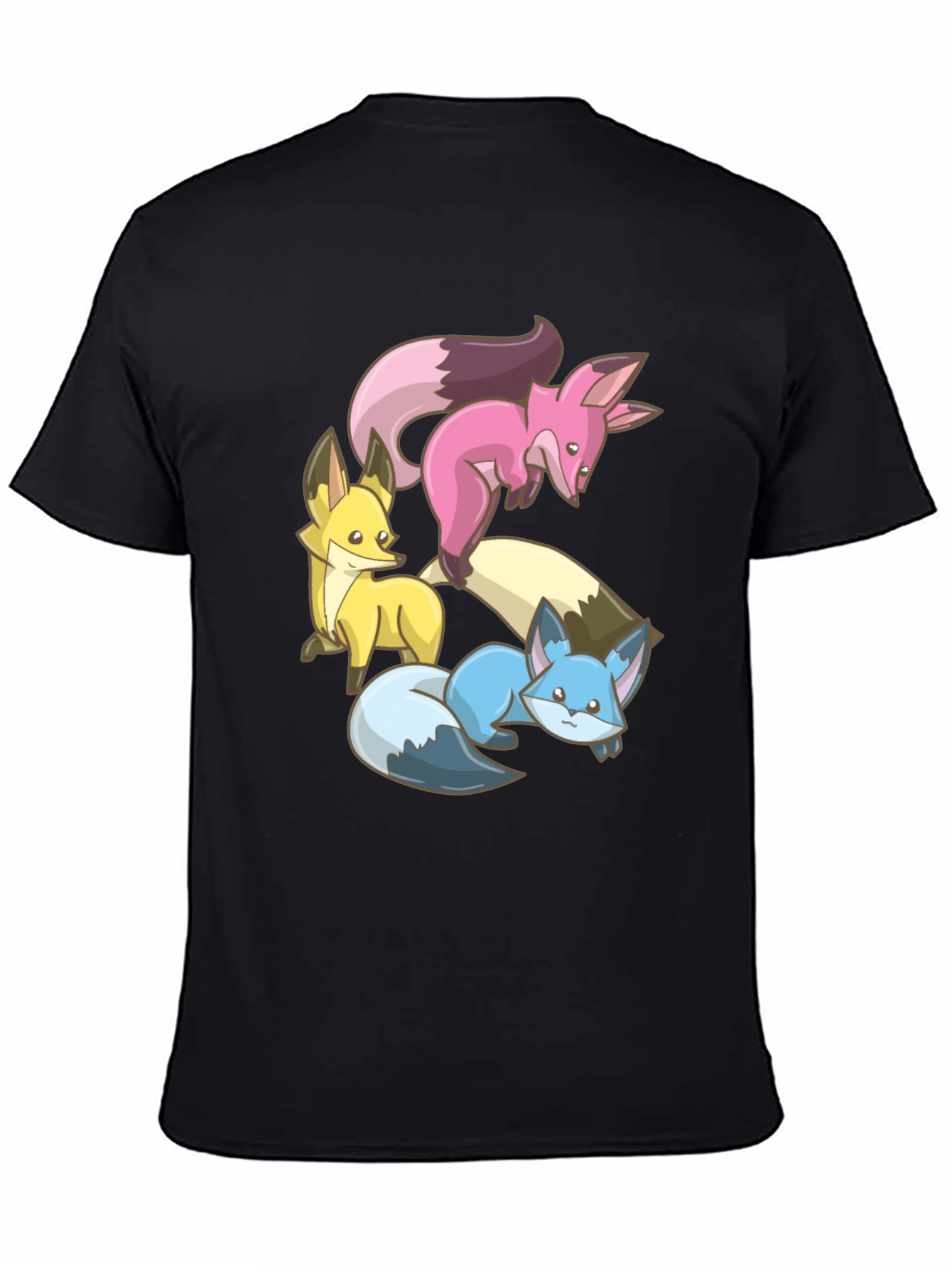Black Cute Fox Trio Graphic Tee - Soft Cotton Blend view 4
