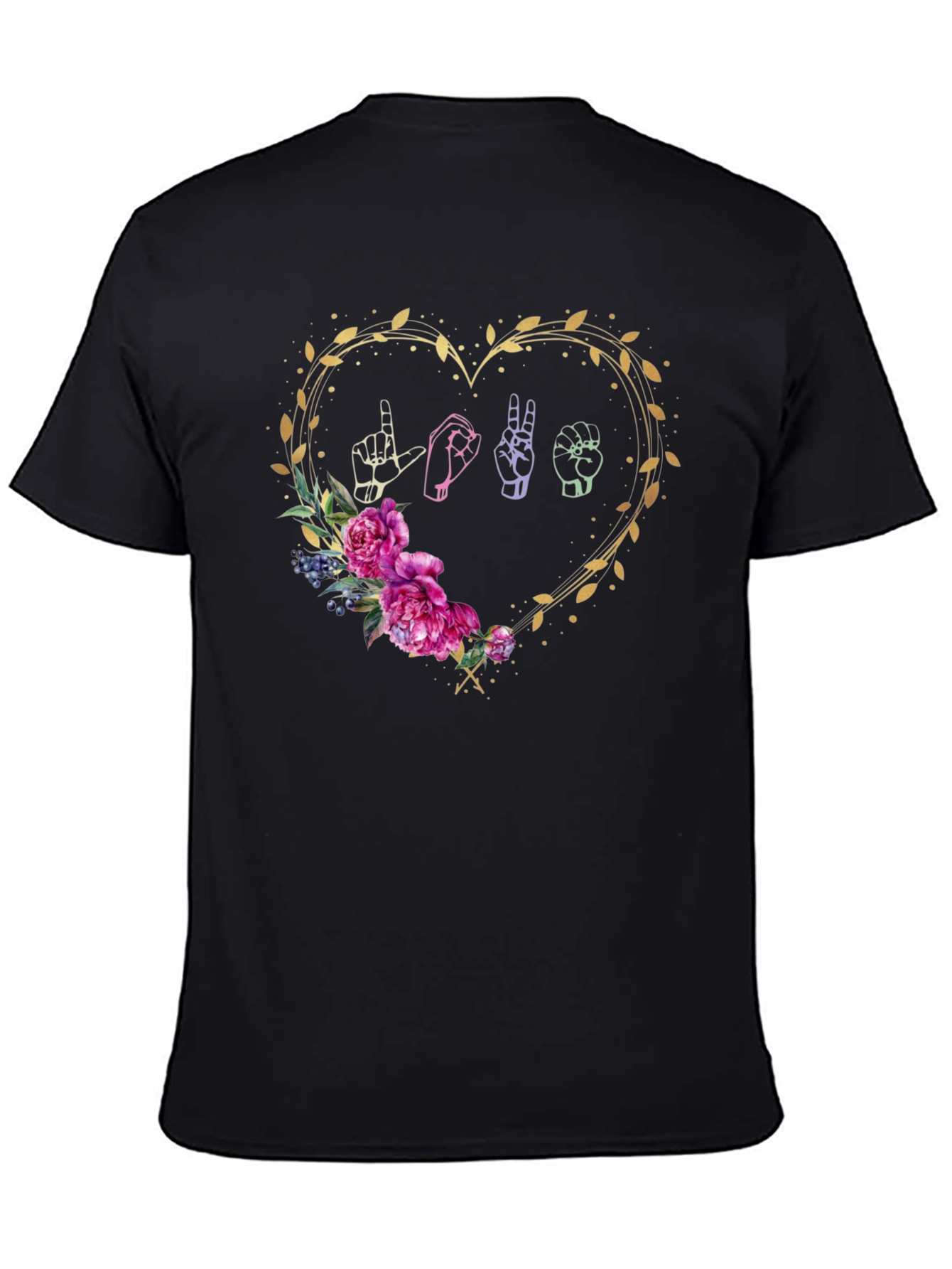 Black Love Sign Language Floral Heart T-Shirt view 4