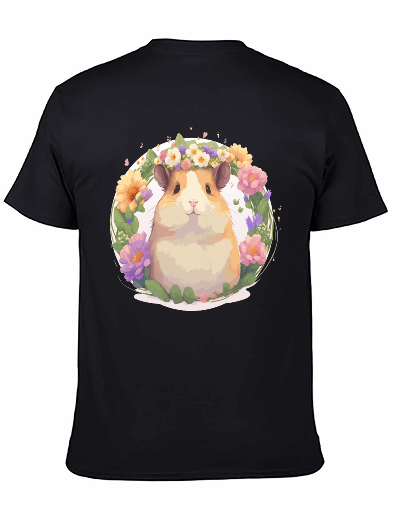 Black Cute Hamster Floral Wreath T-Shirt - Unisex view 4