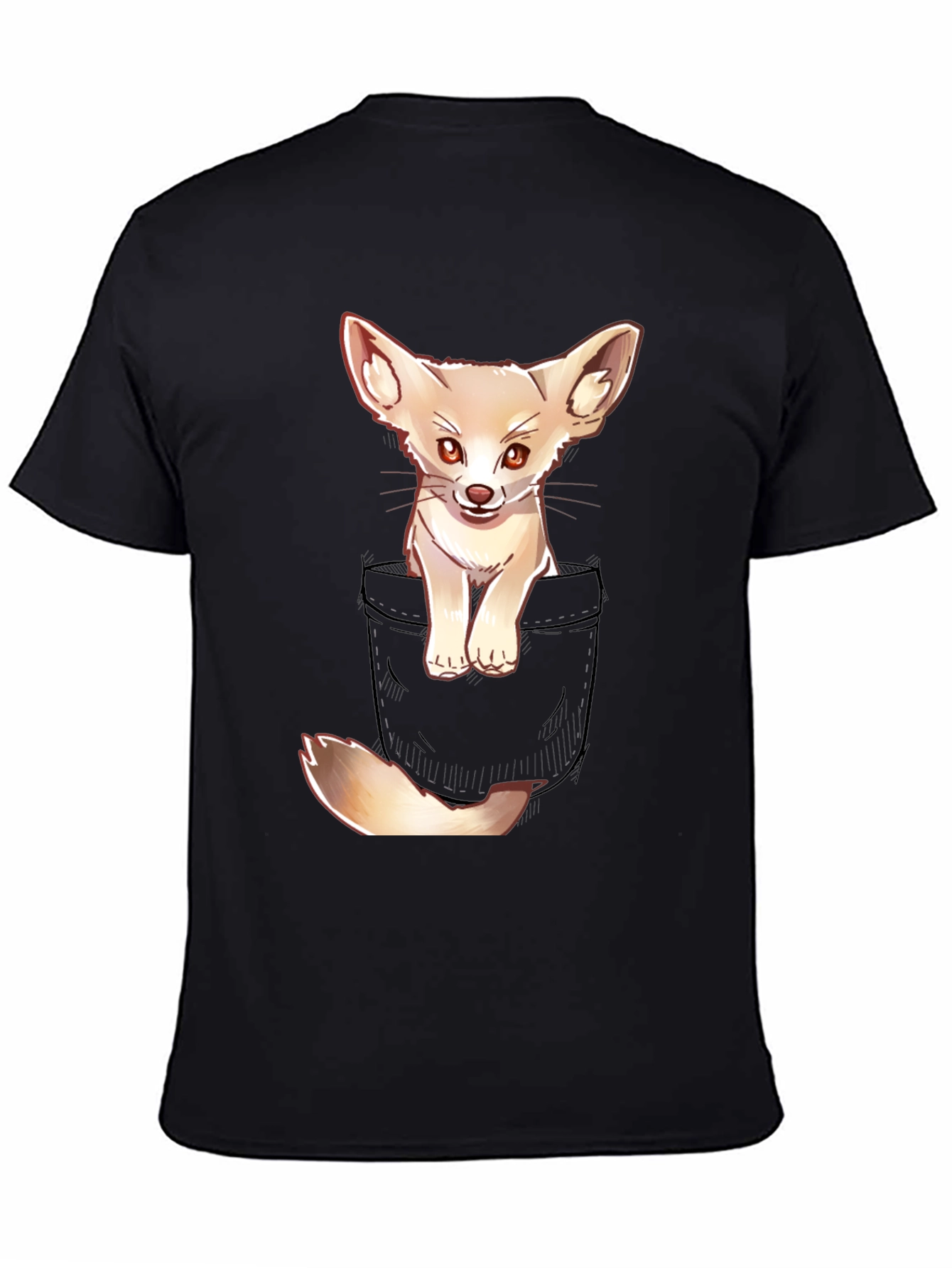 Black Cute Fennec Fox Pocket T-Shirt view 4