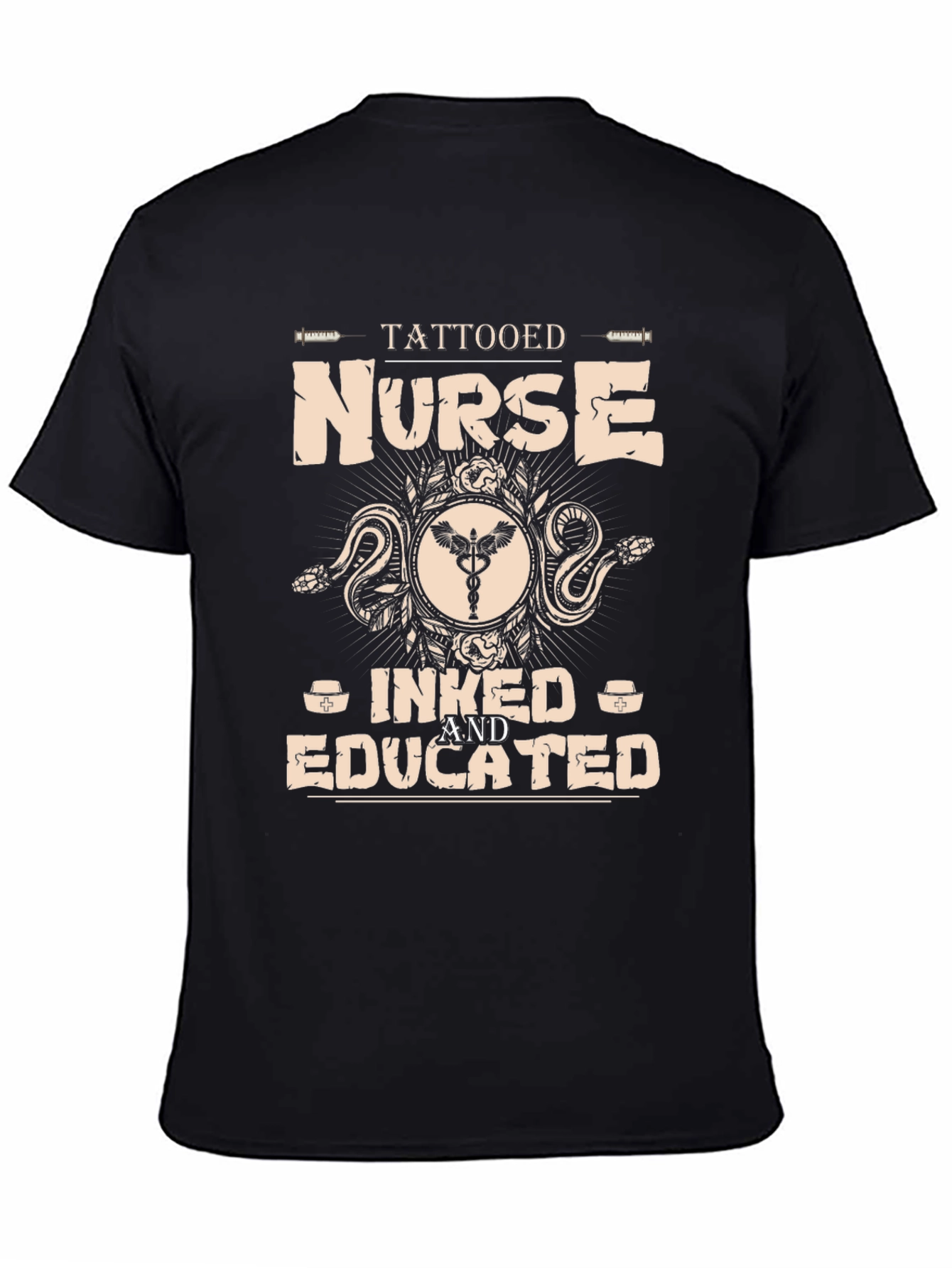 Black Tattooed Nurse Graphic Tee - Inked & Educated T-Shirt view 4