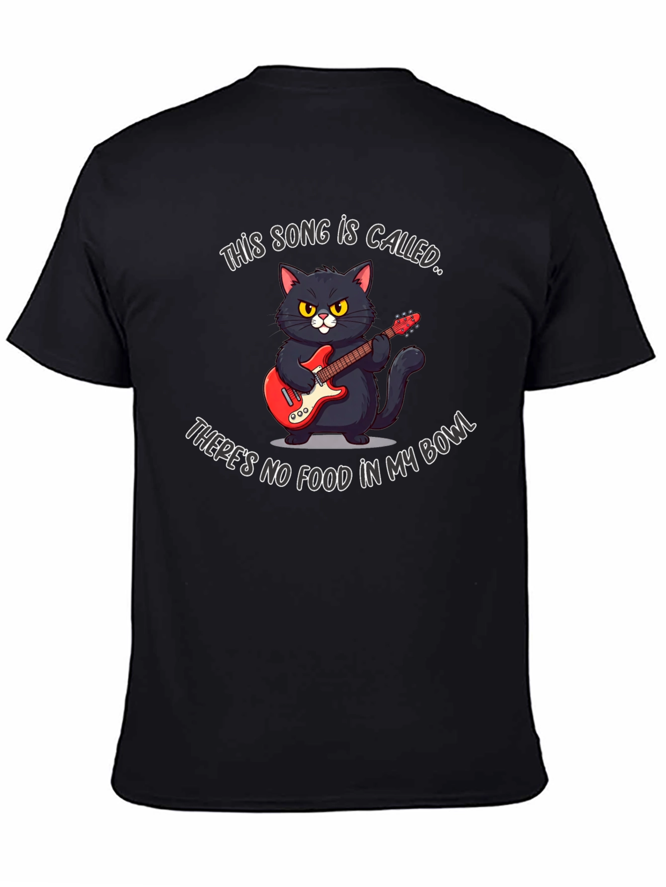 Black Funny Cat Guitarist T-Shirt - "No Food in My Bowl" view 4
