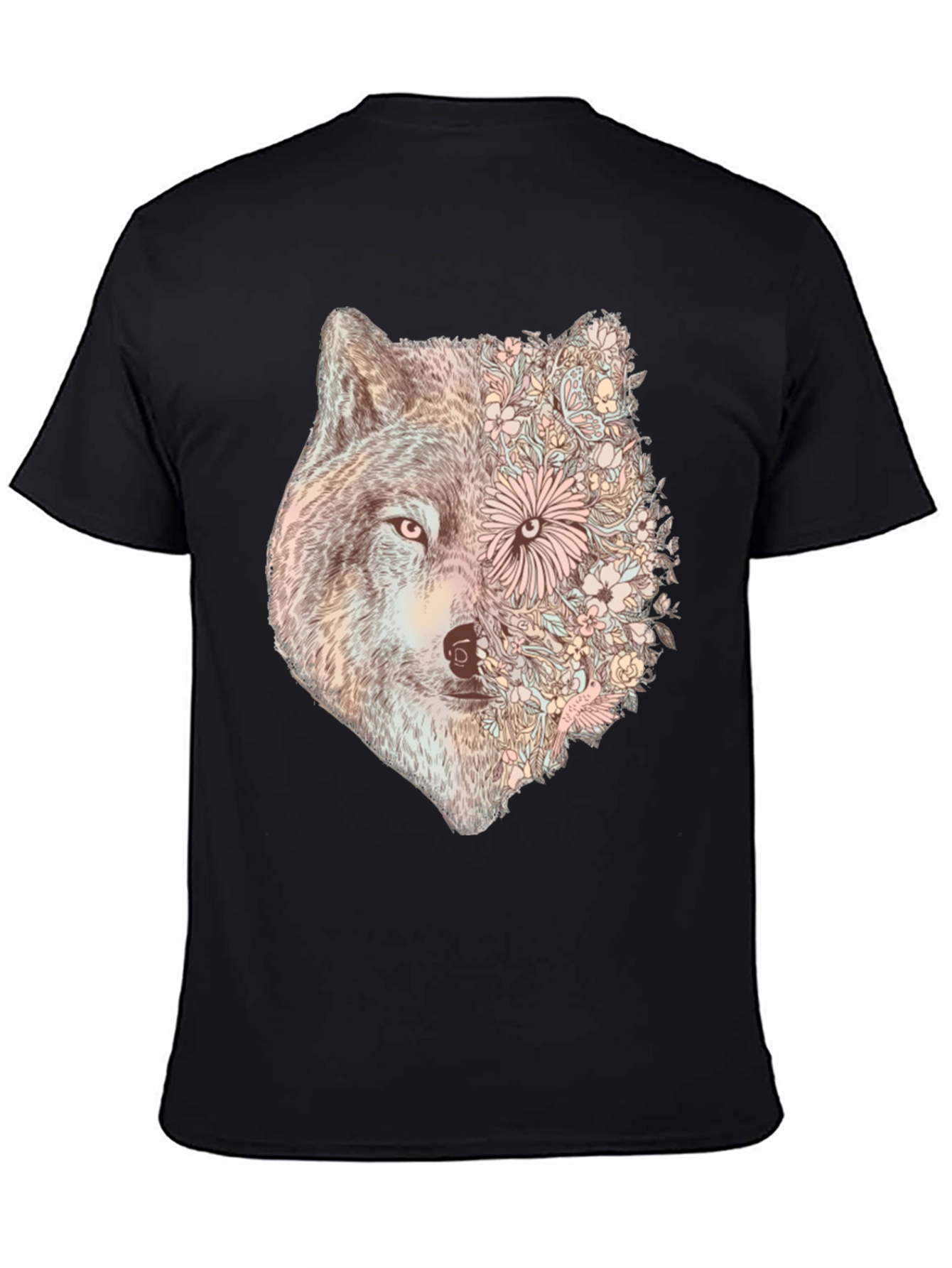 Black Floral Wolf Graphic Tee - Stylish Men's Black T-Shirt view 4
