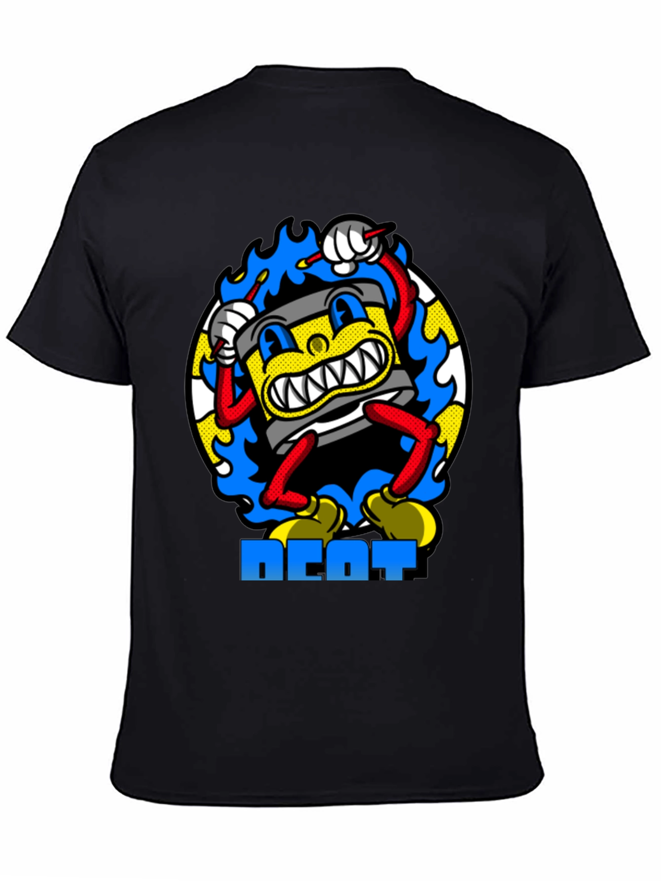 Black Retro Cartoon Drum Beat T-Shirt - Black Cotton view 4