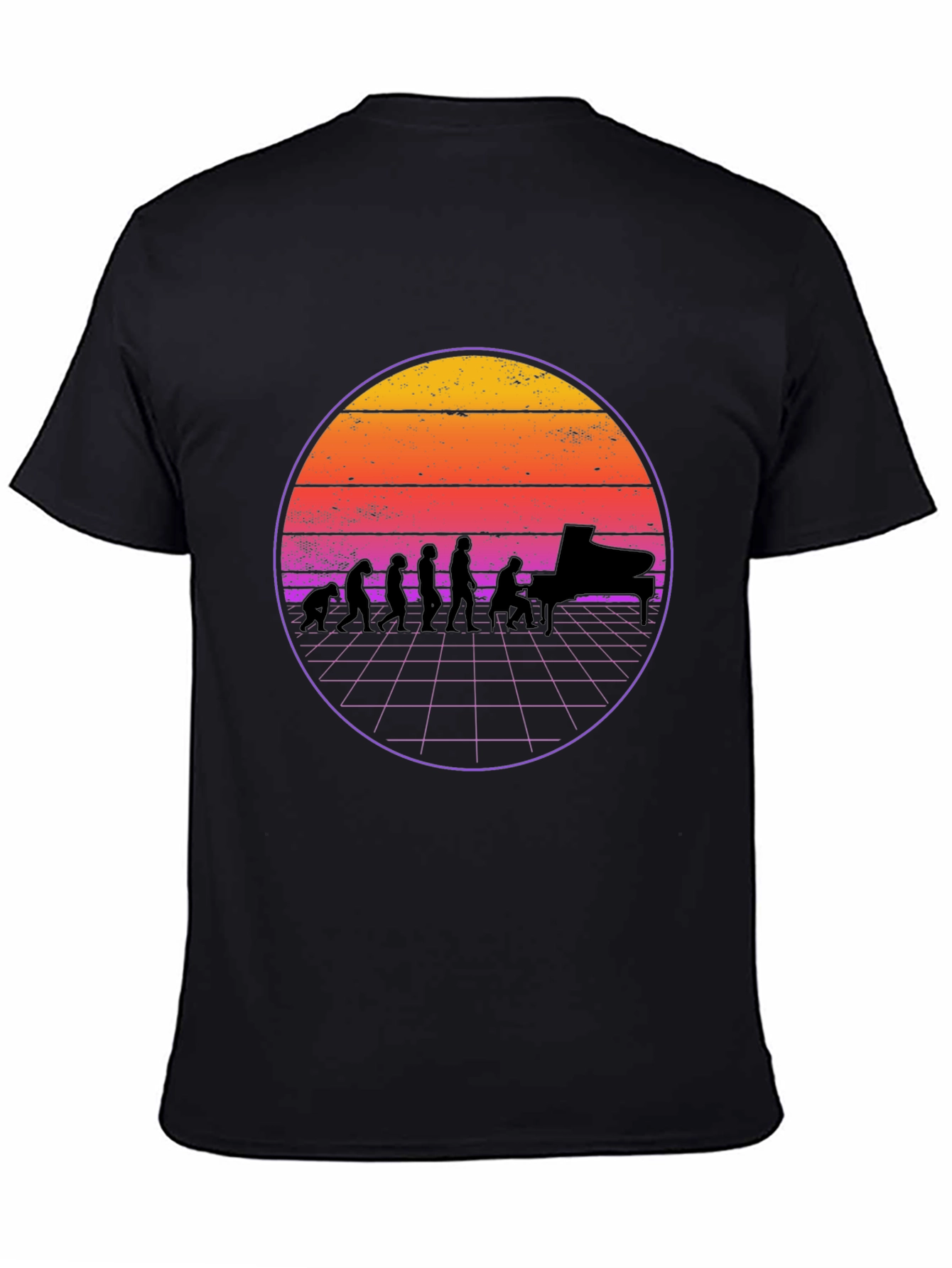 Black Piano Evolution T-Shirt - Retro Sunset Design view 4