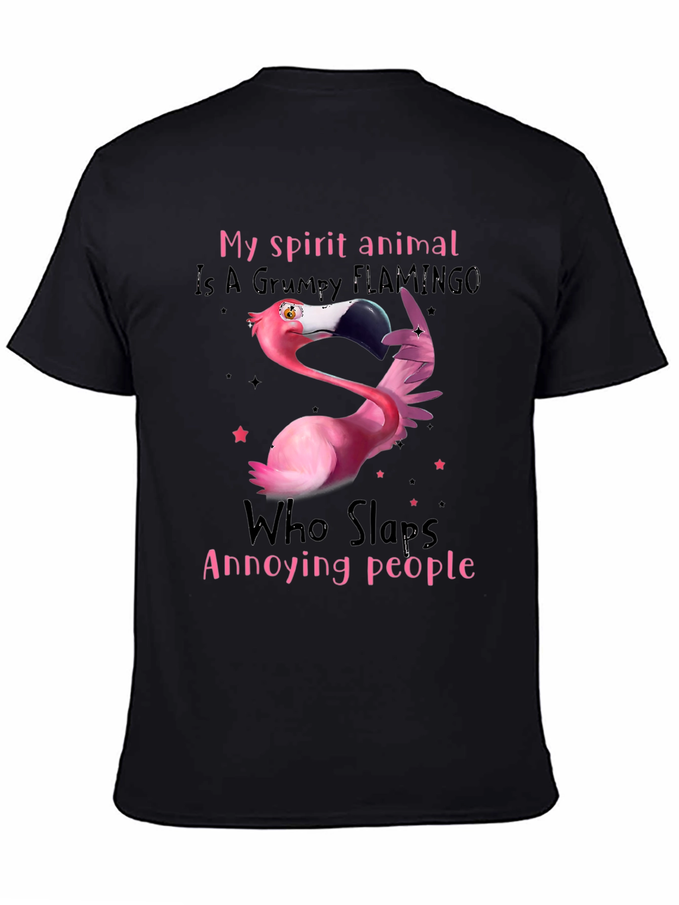 Black Grumpy Flamingo T-Shirt - Slaps Annoying People view 4